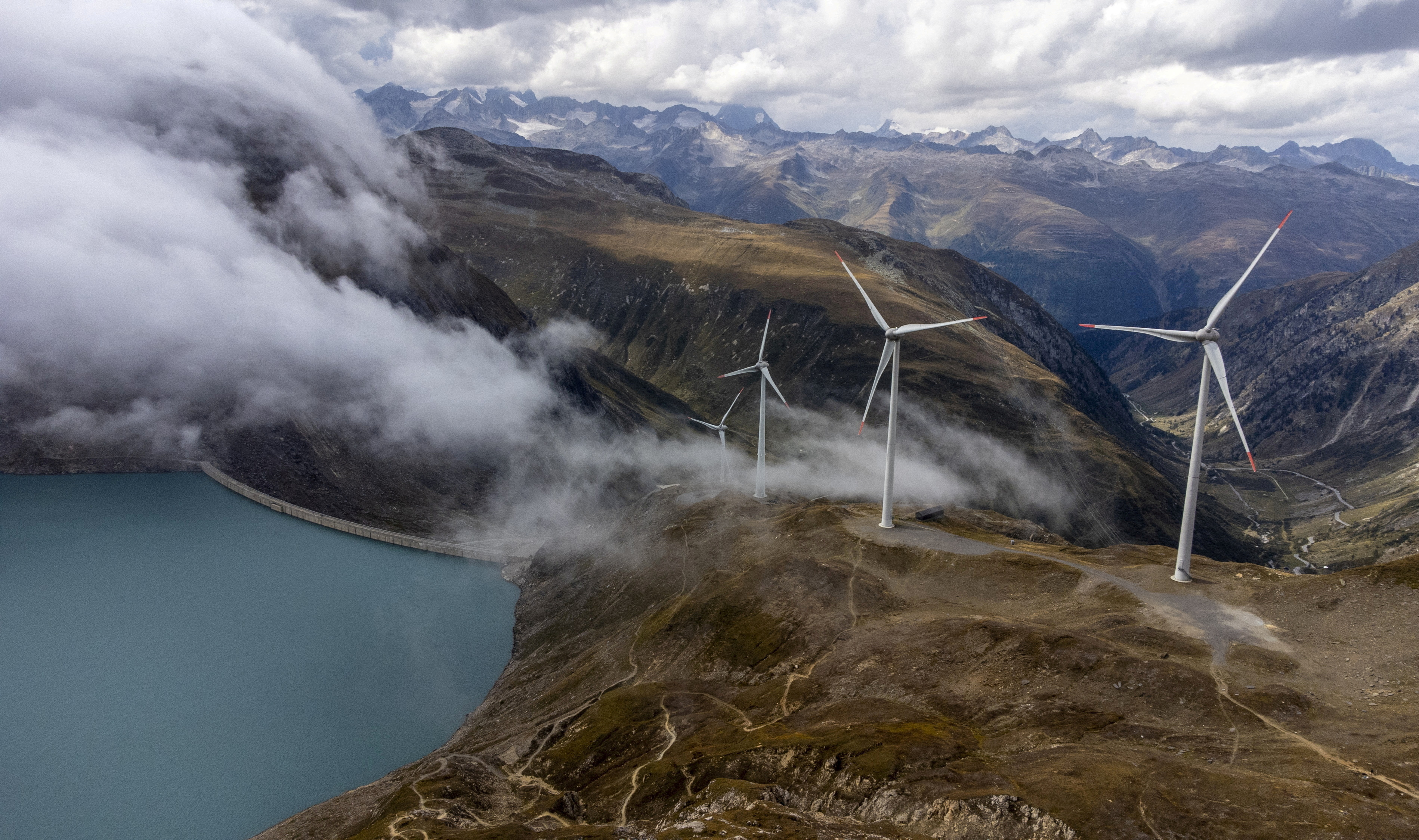 Windmills are seen near the Nufenen Pass in Gries