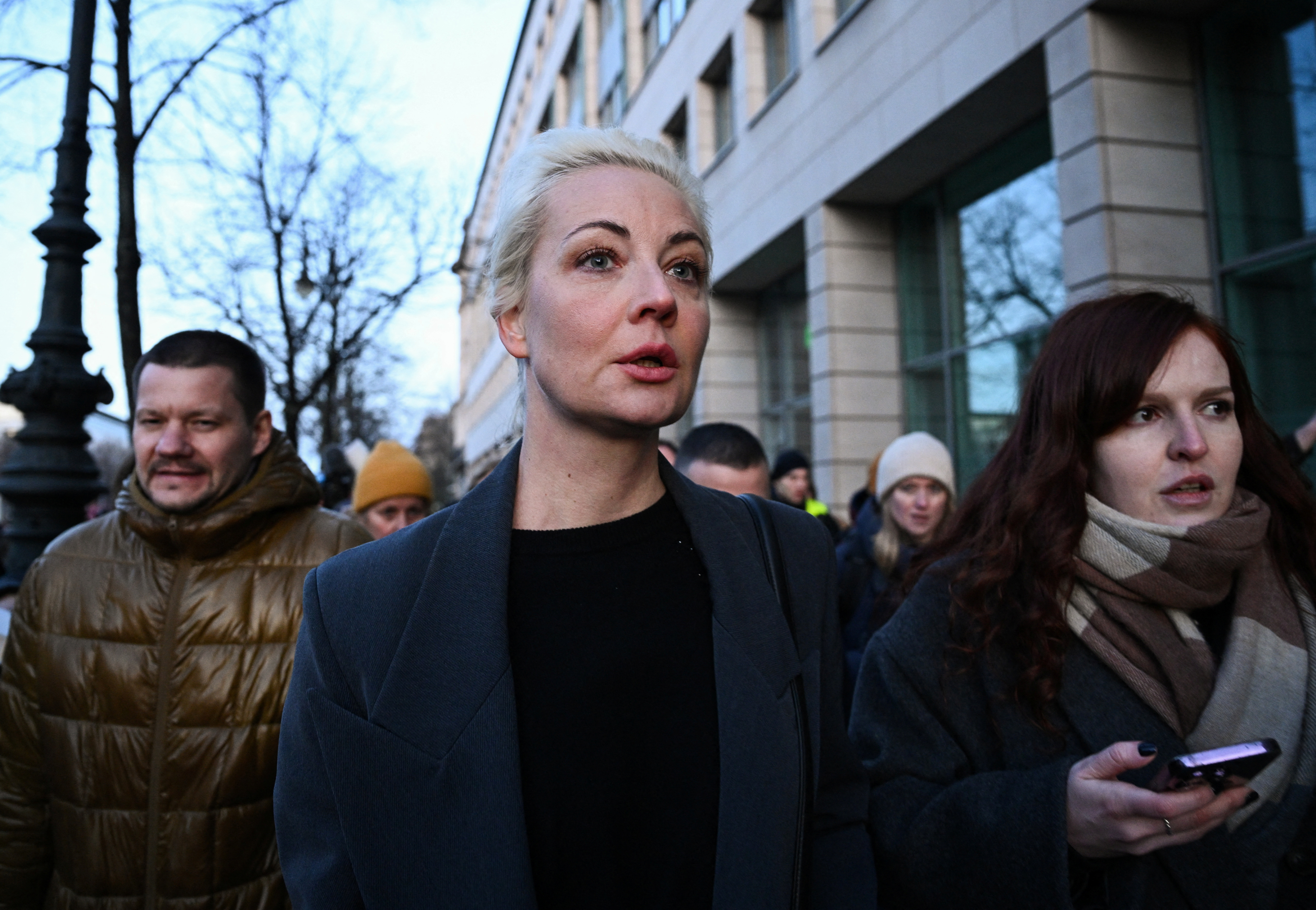 Yulia Navalnaya looks on after leaving the Russian Embassy, in Berlin