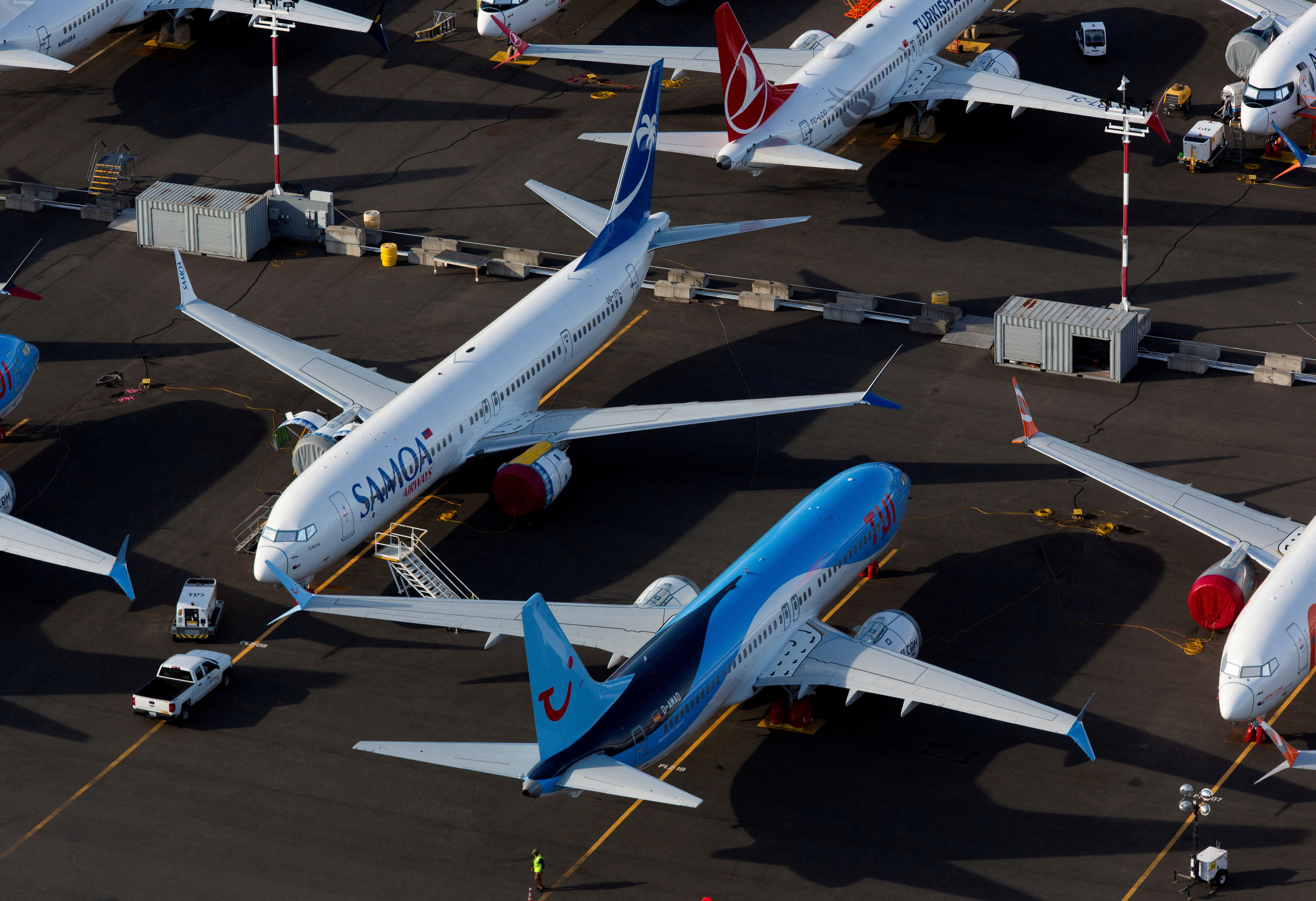 Boeing 737 Max aircraft are parked in a parking lot at Boeing Field in this aerial photo over Seattle