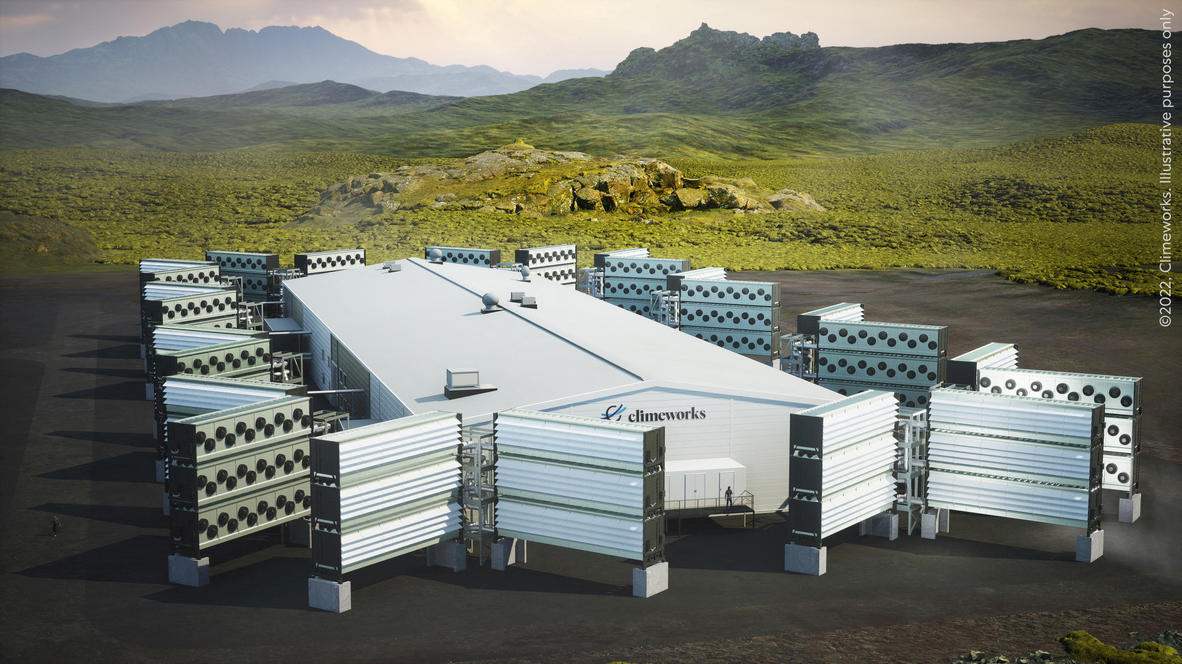 View of a computer-rendered image of Climeworks' Mammoth direct air capture plant