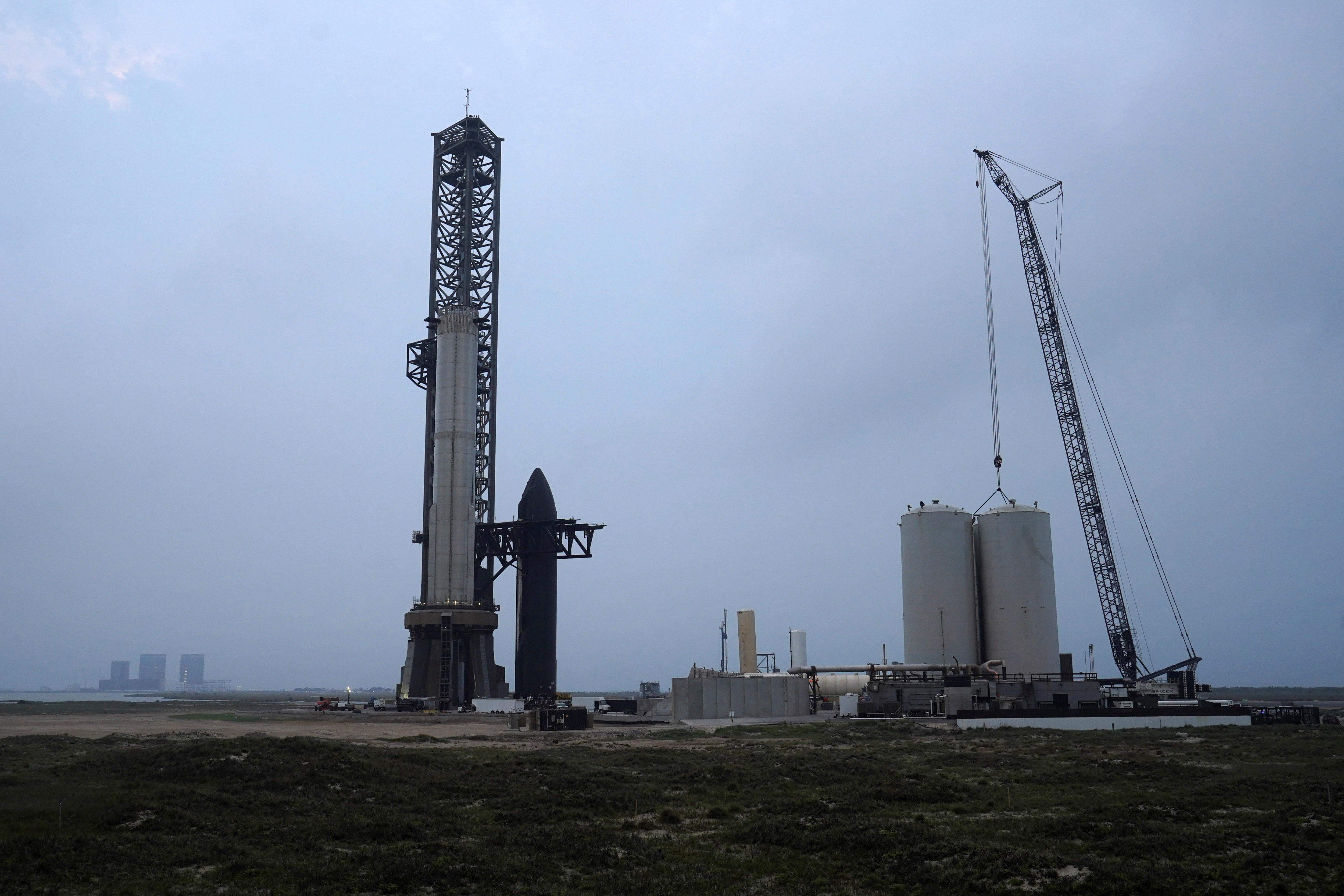 SpaceX’s Starship rocket prototype is pictured in the rocket launch area in Brownsville