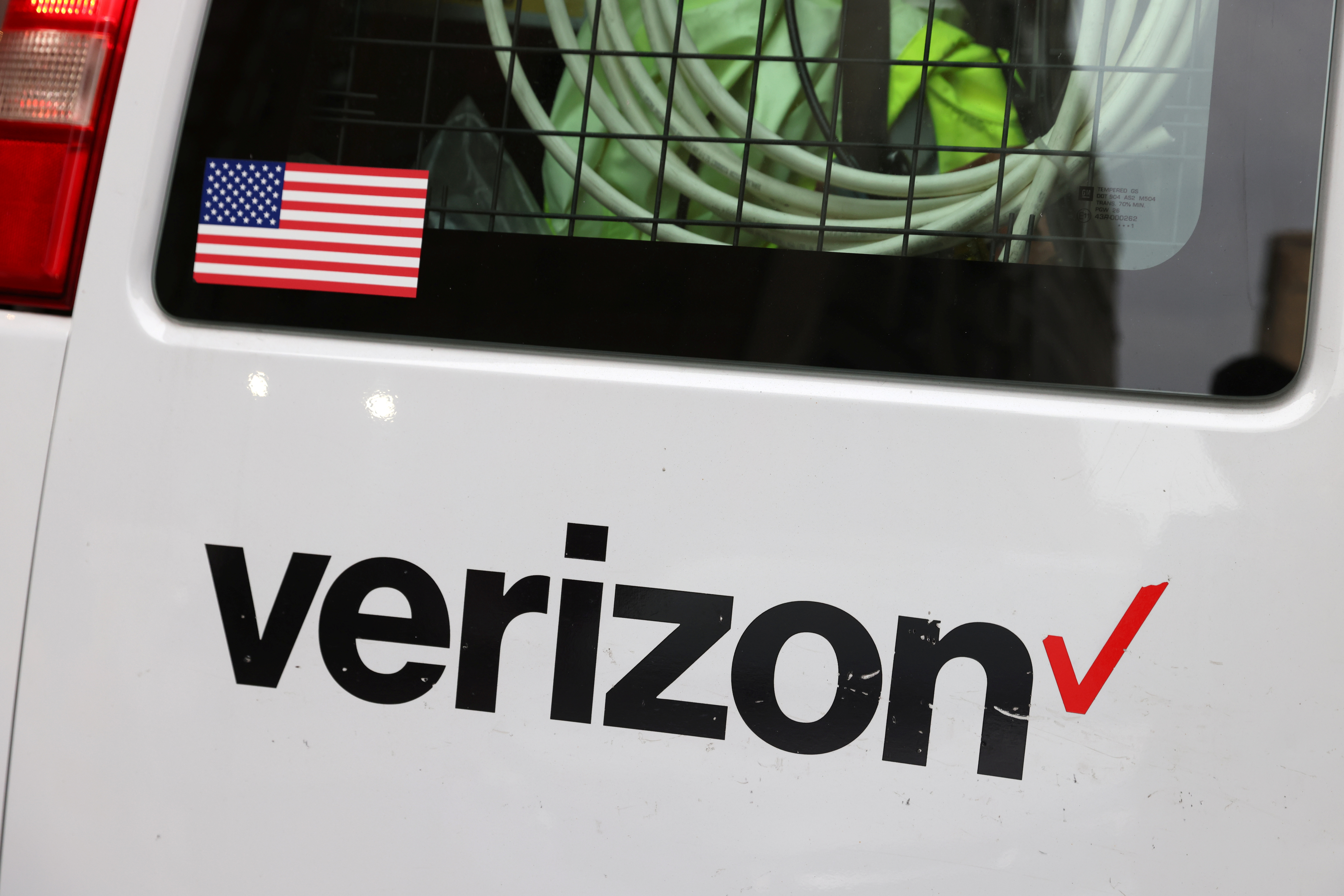 A Verizon logo is seen on a van in Manhattan, New York City