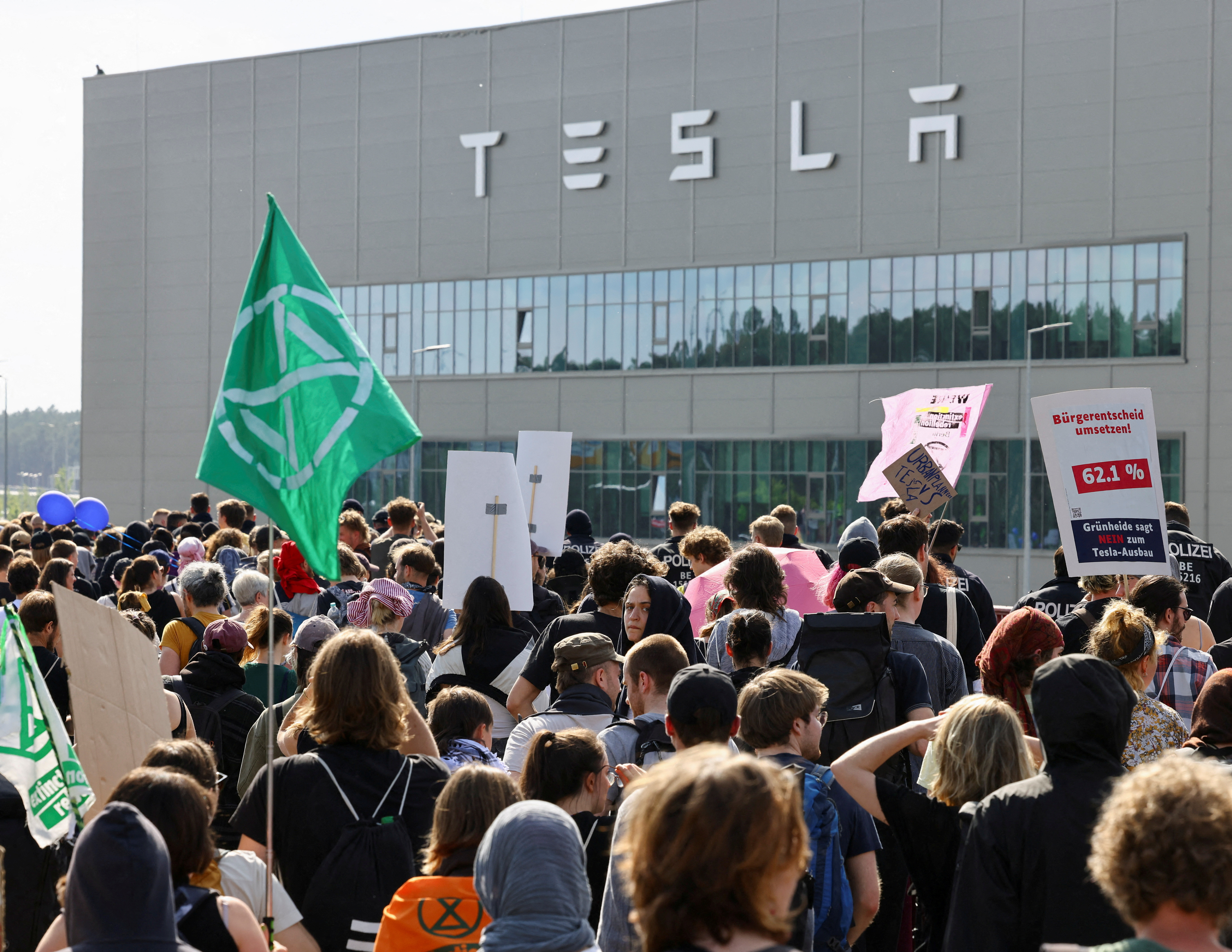 Activists protest against the expansion of the Tesla Gigafactory in Gruenheide, Germany