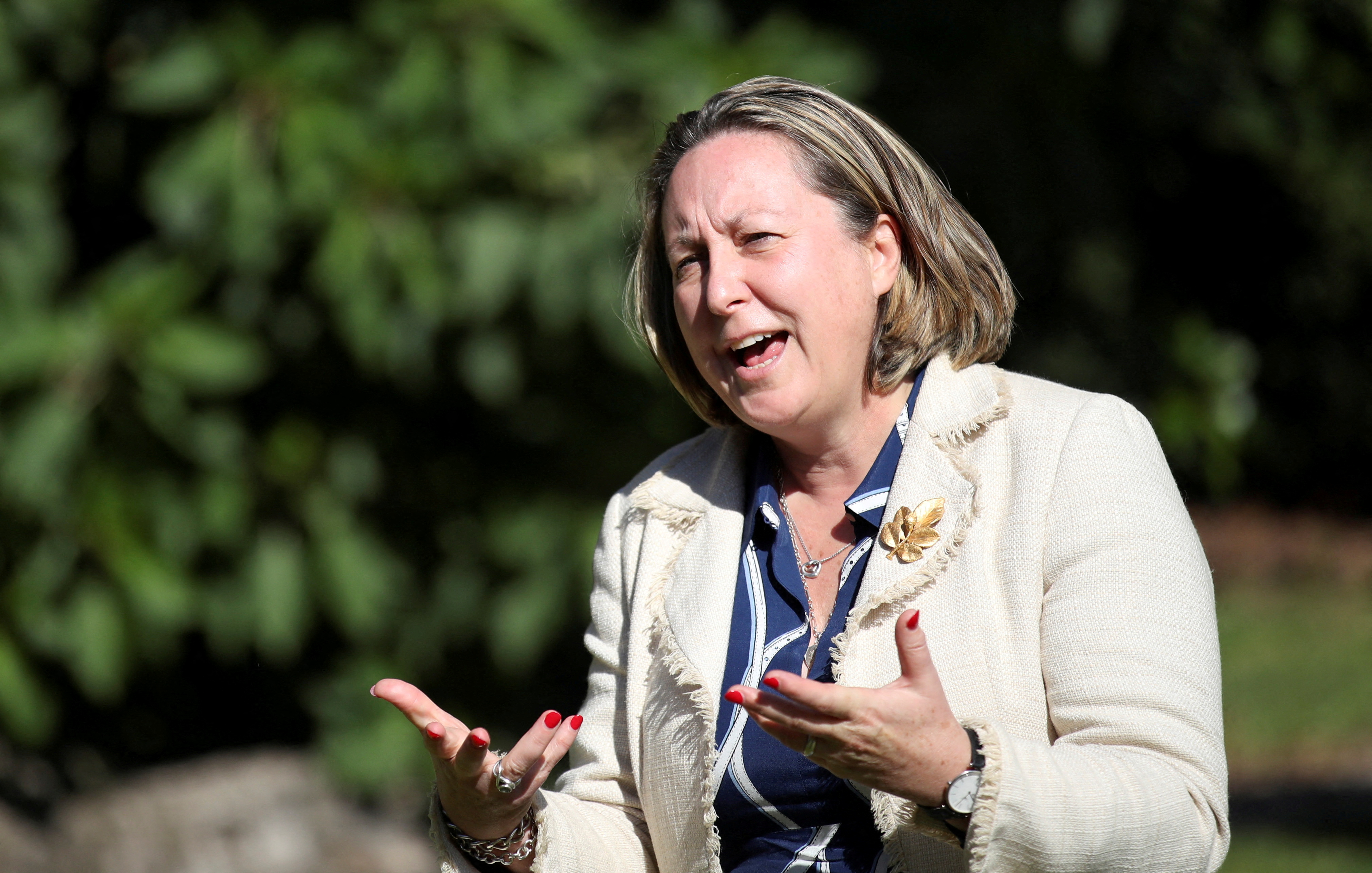 Britain's trade minister Anne-Marie Trevelyan speaks during an interview with Reuters, in Rome, Italy, October 13, 2021. REUTERS/Yara Nardi