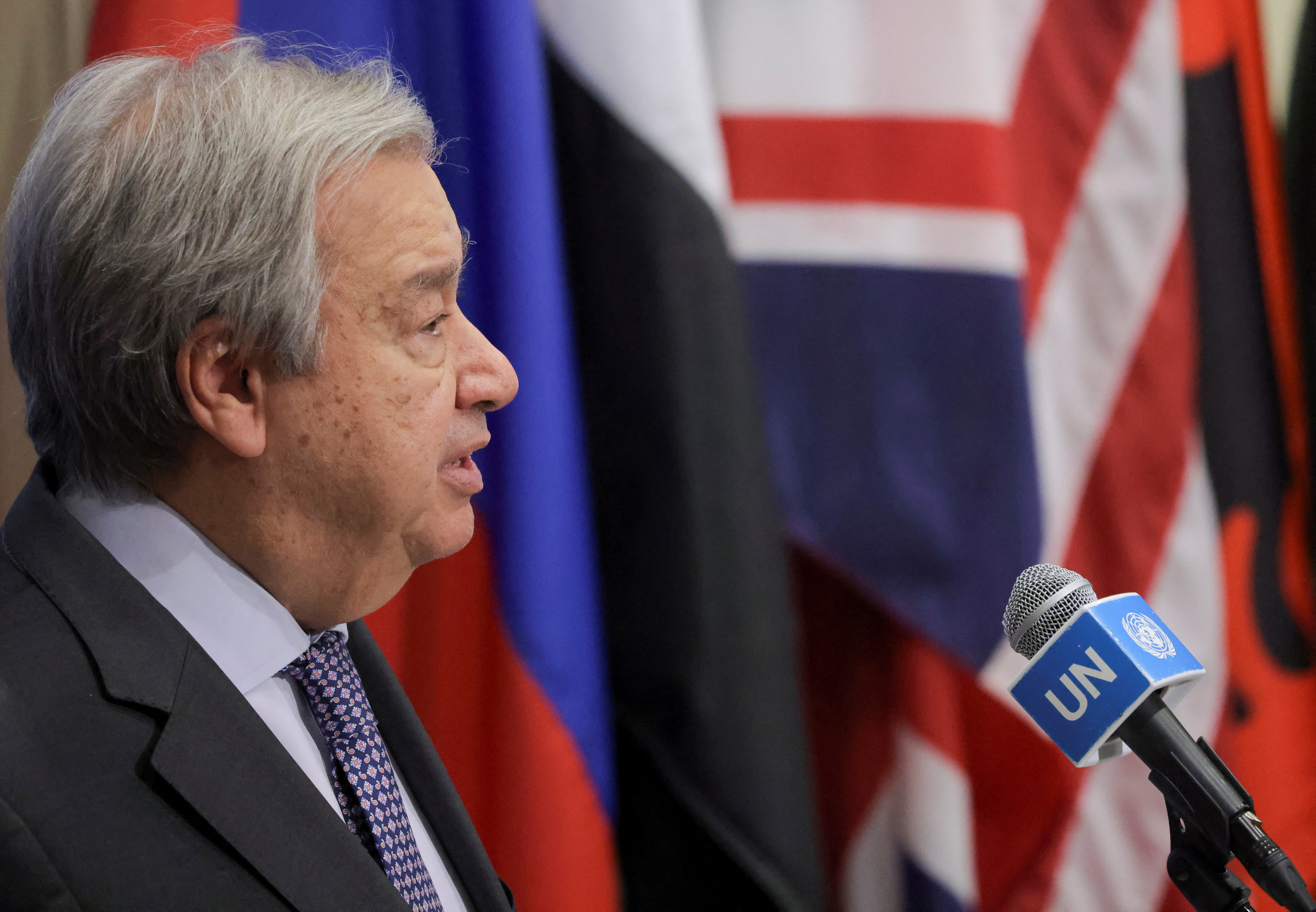 UN Secretary General Guterres speaks to members of the press at the UN Headquarters in New York City