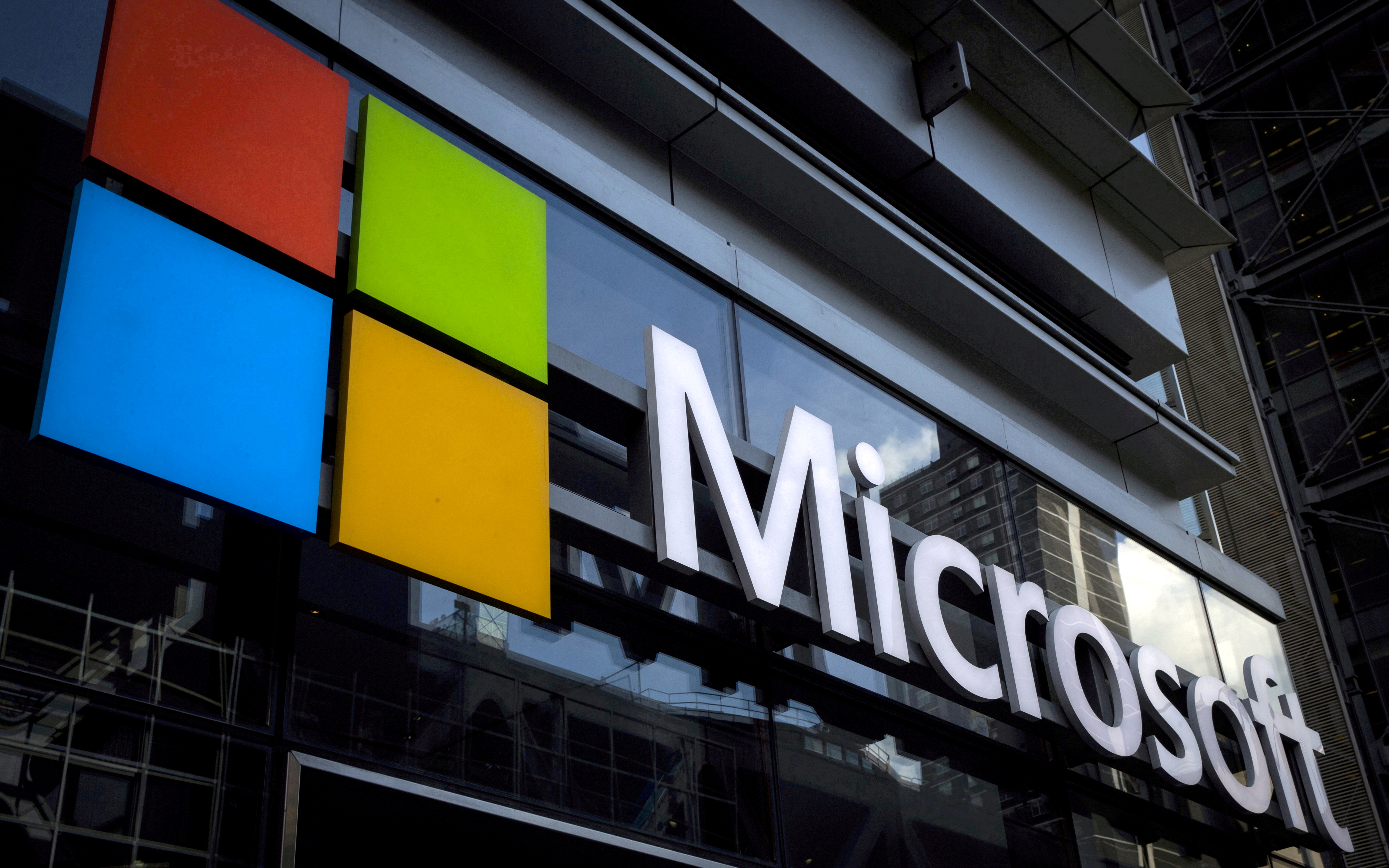 Microsoft logo on an office building in New York, U.S.
