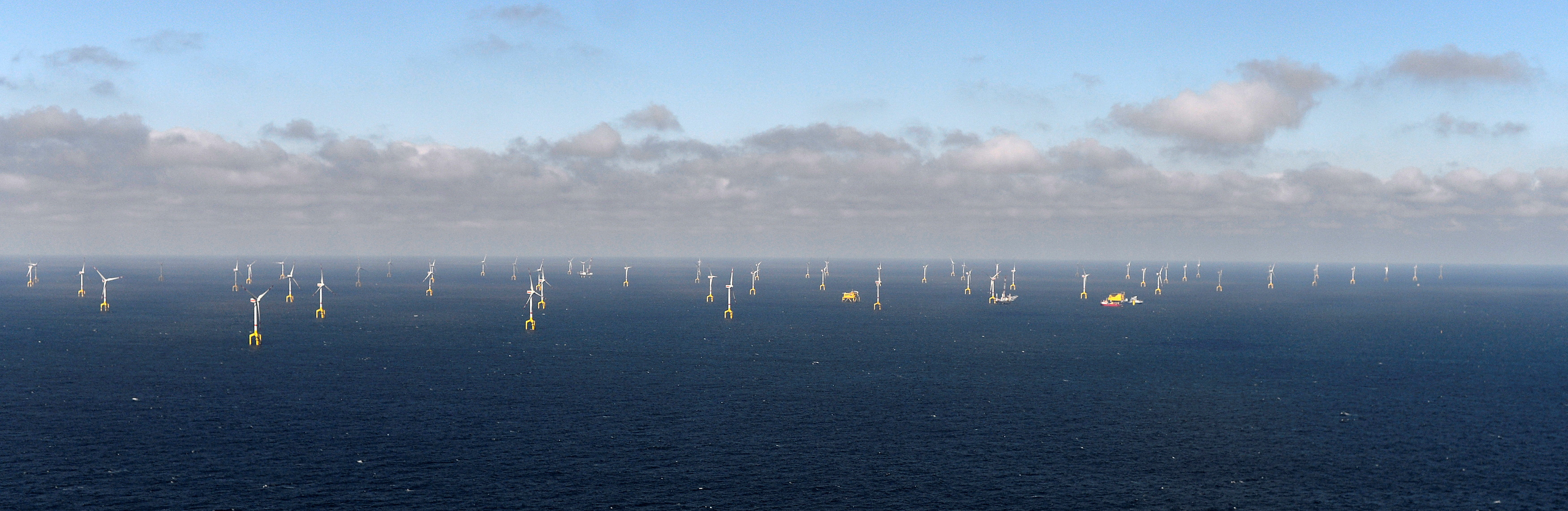 Wind turbines of the wind farm BARD Offshore 1 stand north-west of the German island of Borkum