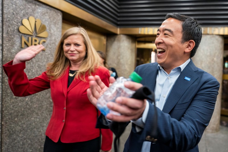 Andrew Yang and Kathryn Garcia, Democratic candidates for New York City Mayor, speak to supporters before participating in the Democratic primary debate in New York
