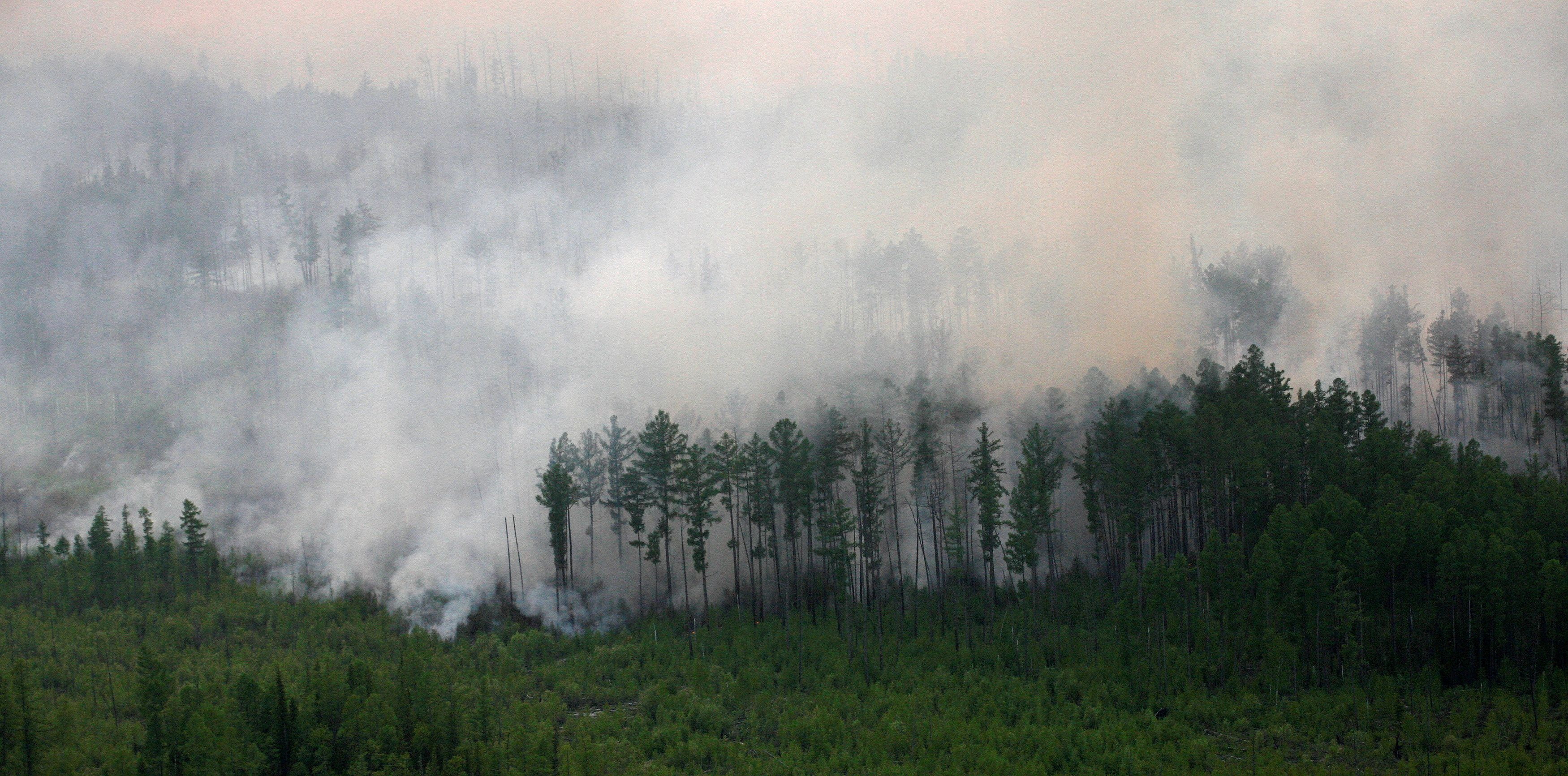 An aerial view shows the Taiga wood burning near Boguchany