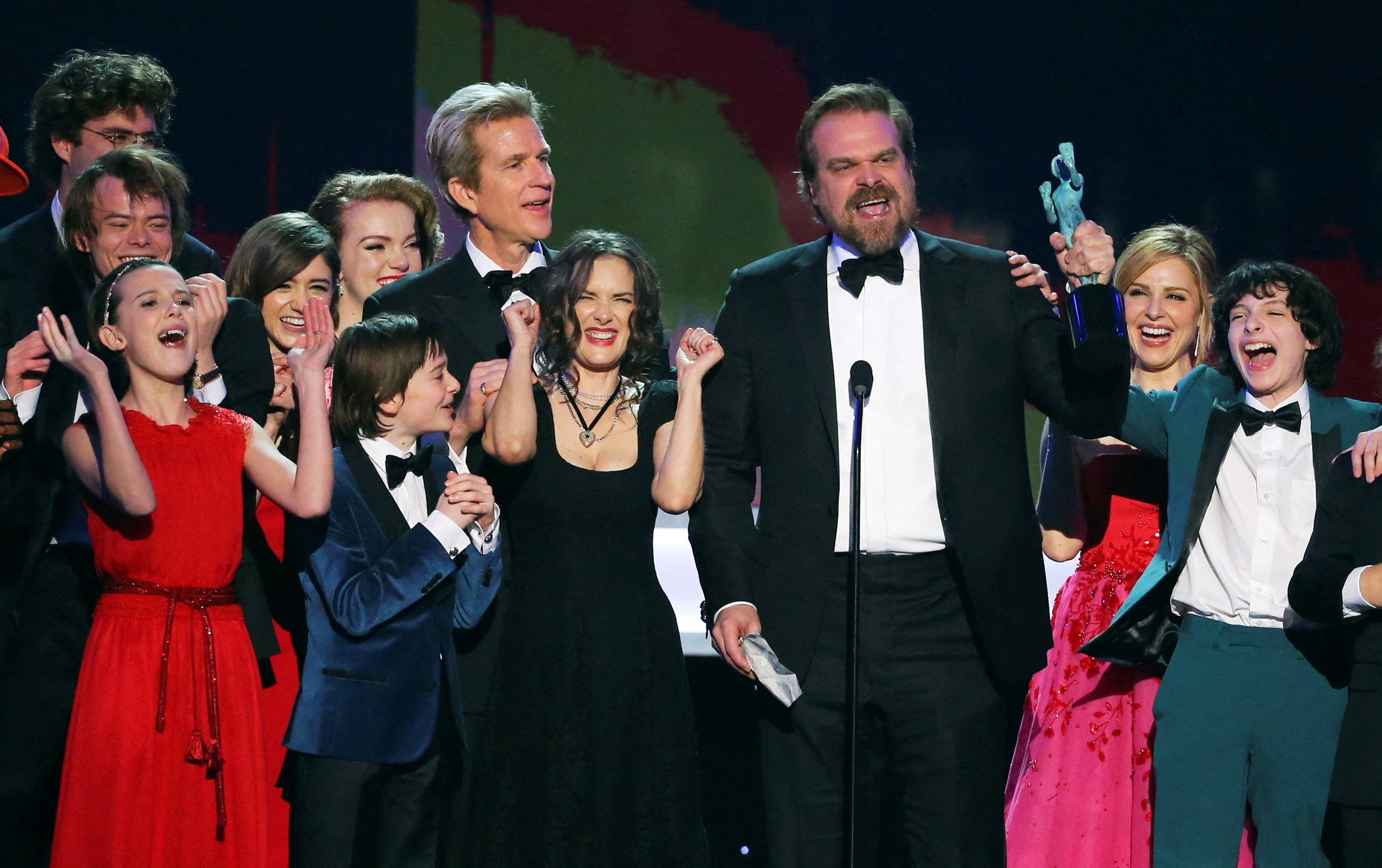 The cast of Stranger Things accepts their award during the 23rd Screen Actors Guild Awards in Los Angeles
