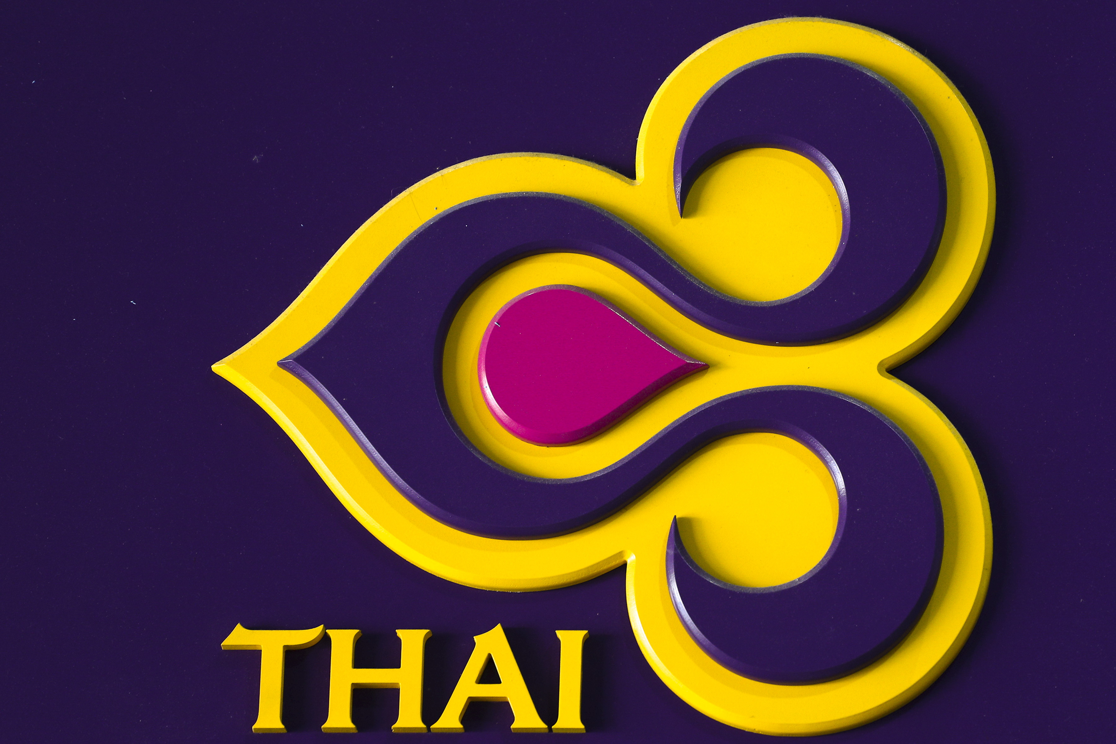 The logo of Thai Airways is pictured at its office building in central Bangkok