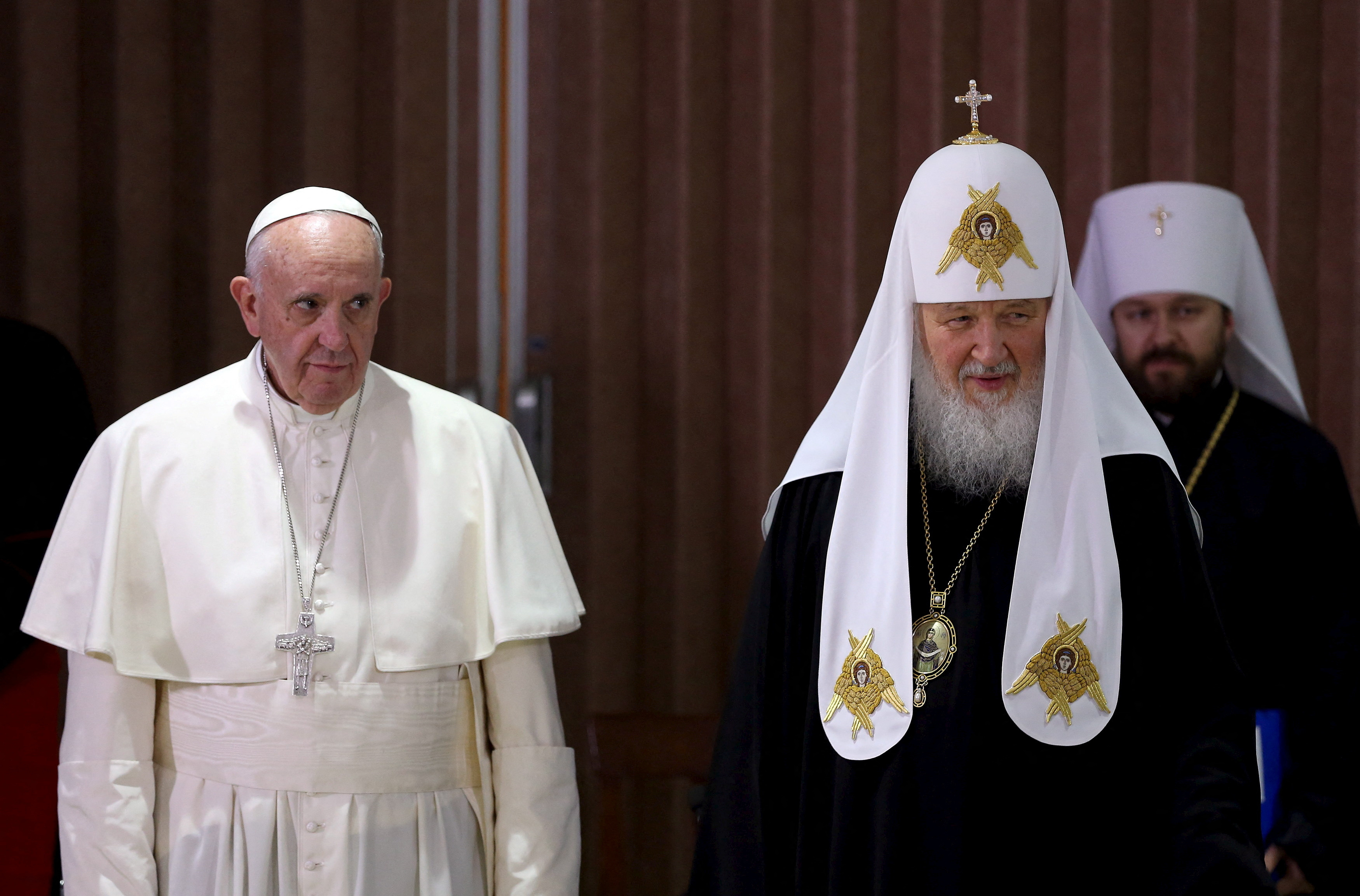 Pope Francis and Russian Orthodox Patriarch Kirill stand together after a meeting in Havana