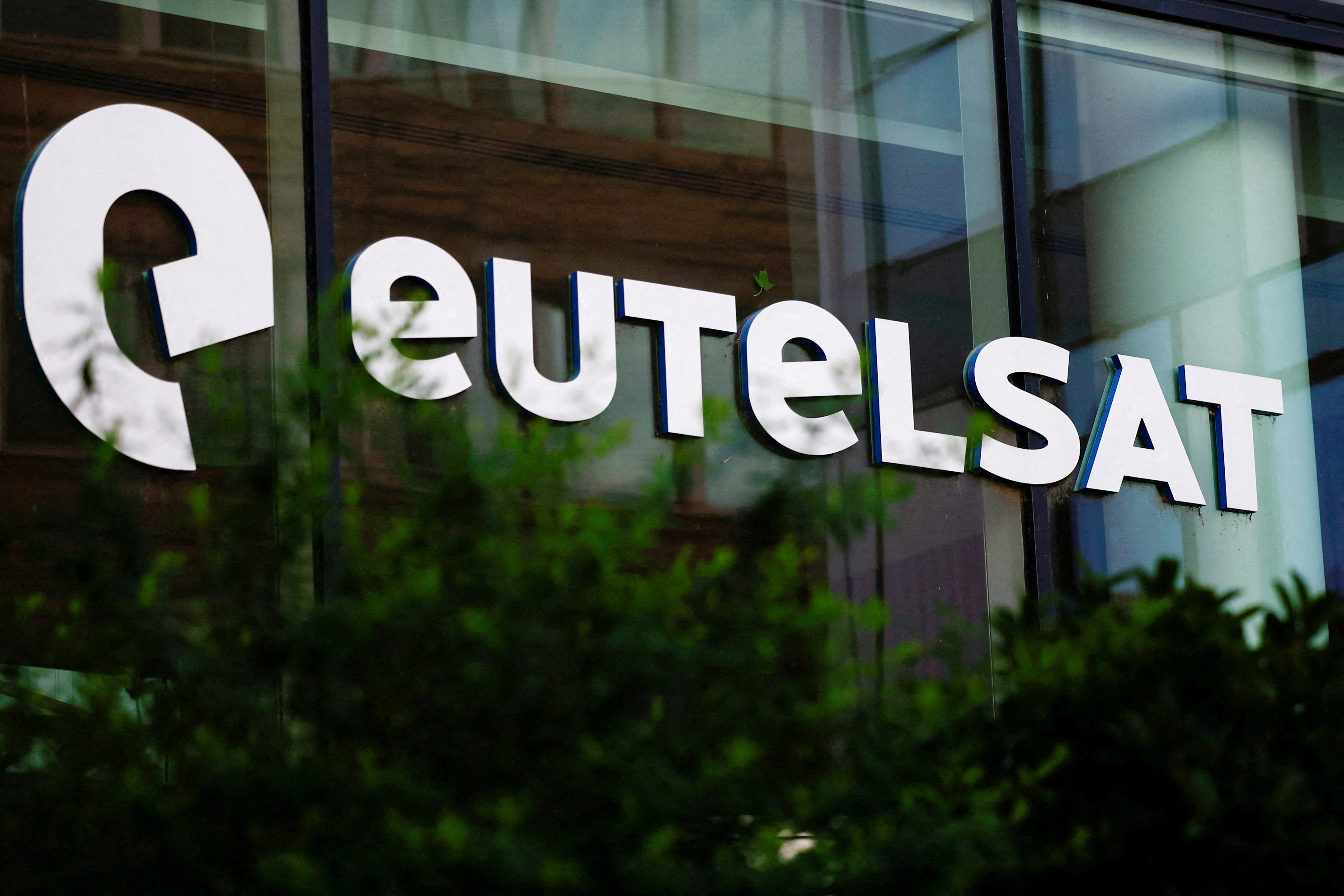 The logo of the European satellite operator Eutelsat is pictured at the company's headquarters in Issy-les-Moulineaux