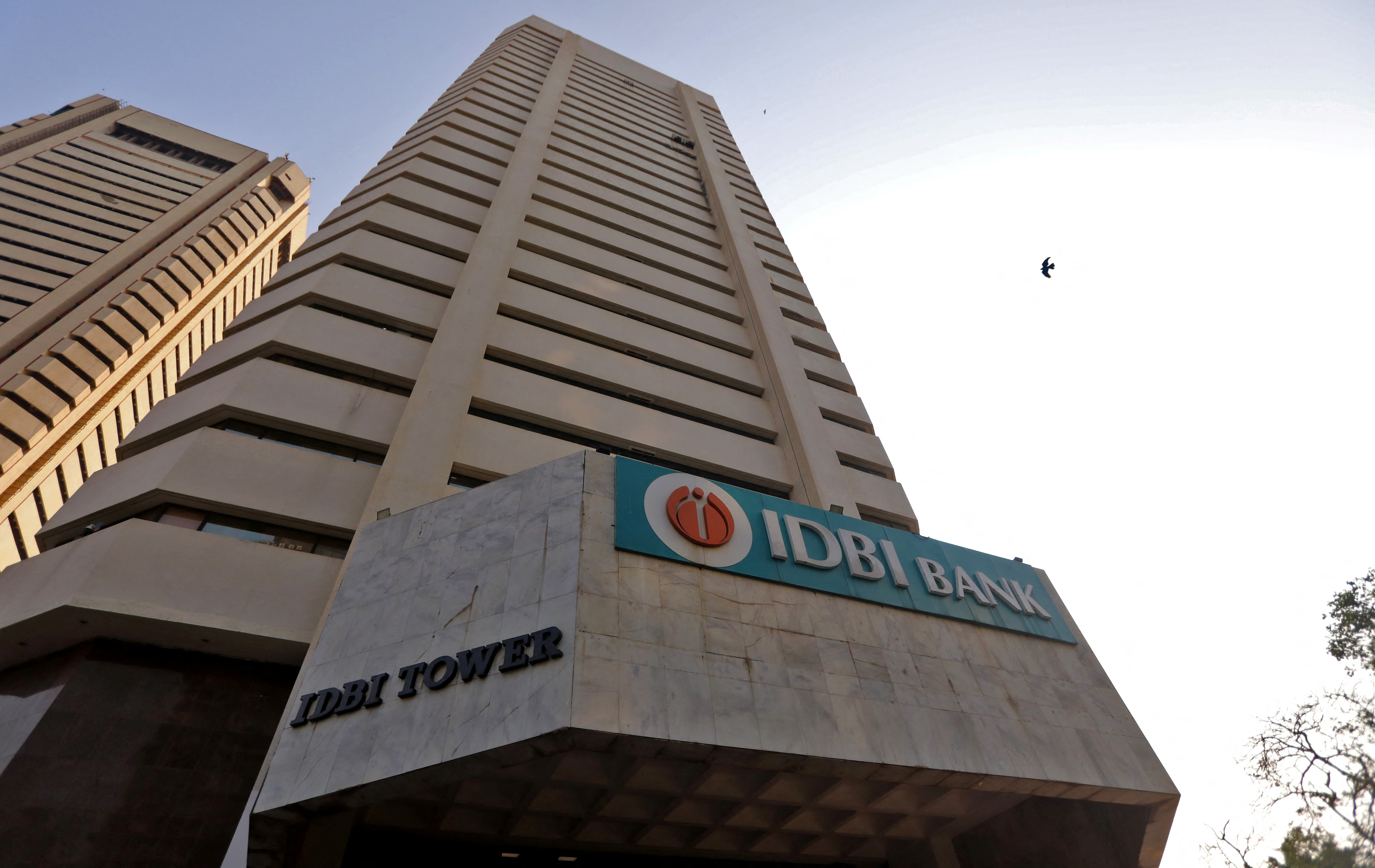 The logo of IDBI Bank is seen on the facade of its headquarters in Mumbai