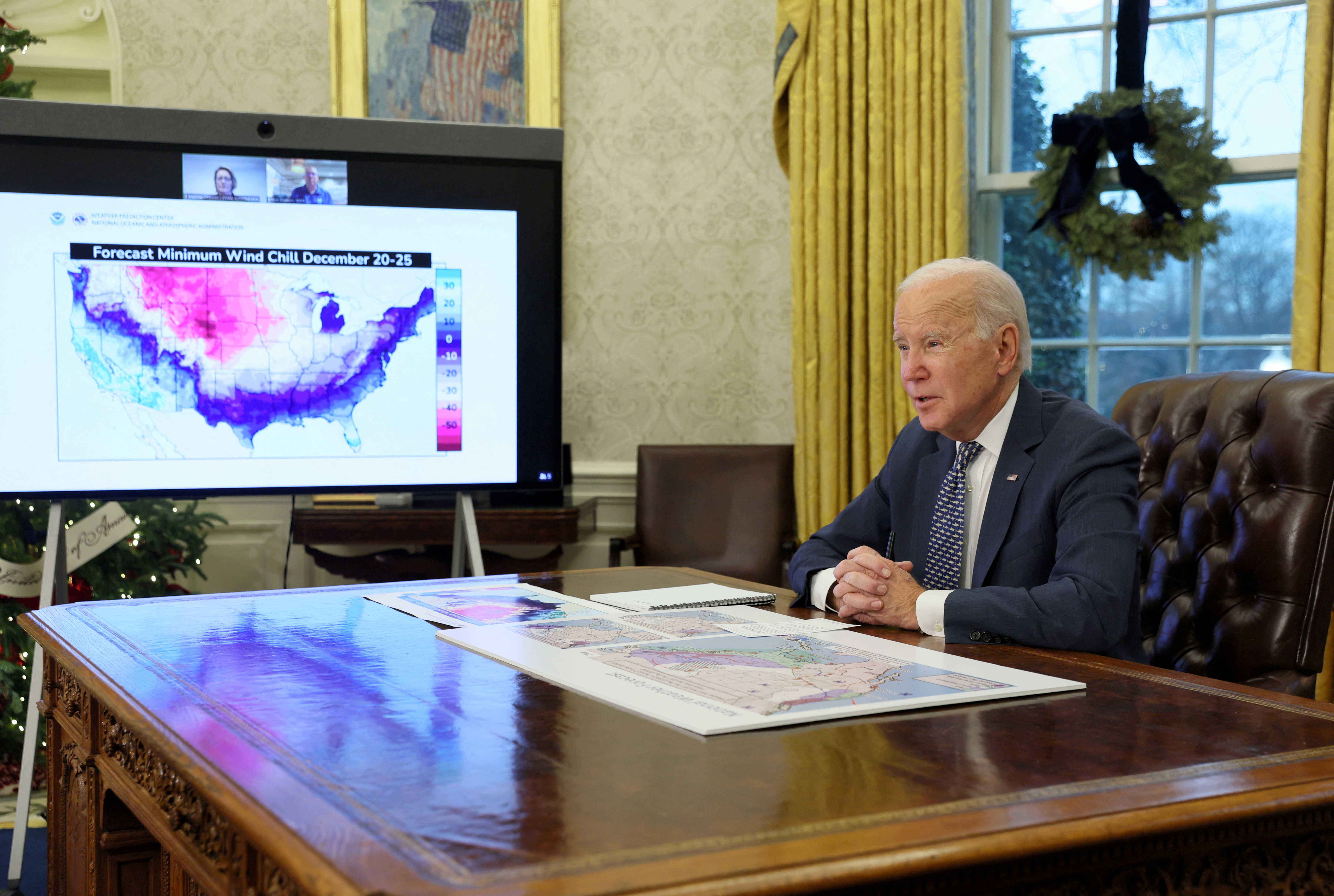 U.S. President Joe Biden receives a briefing about the upcoming winter storm