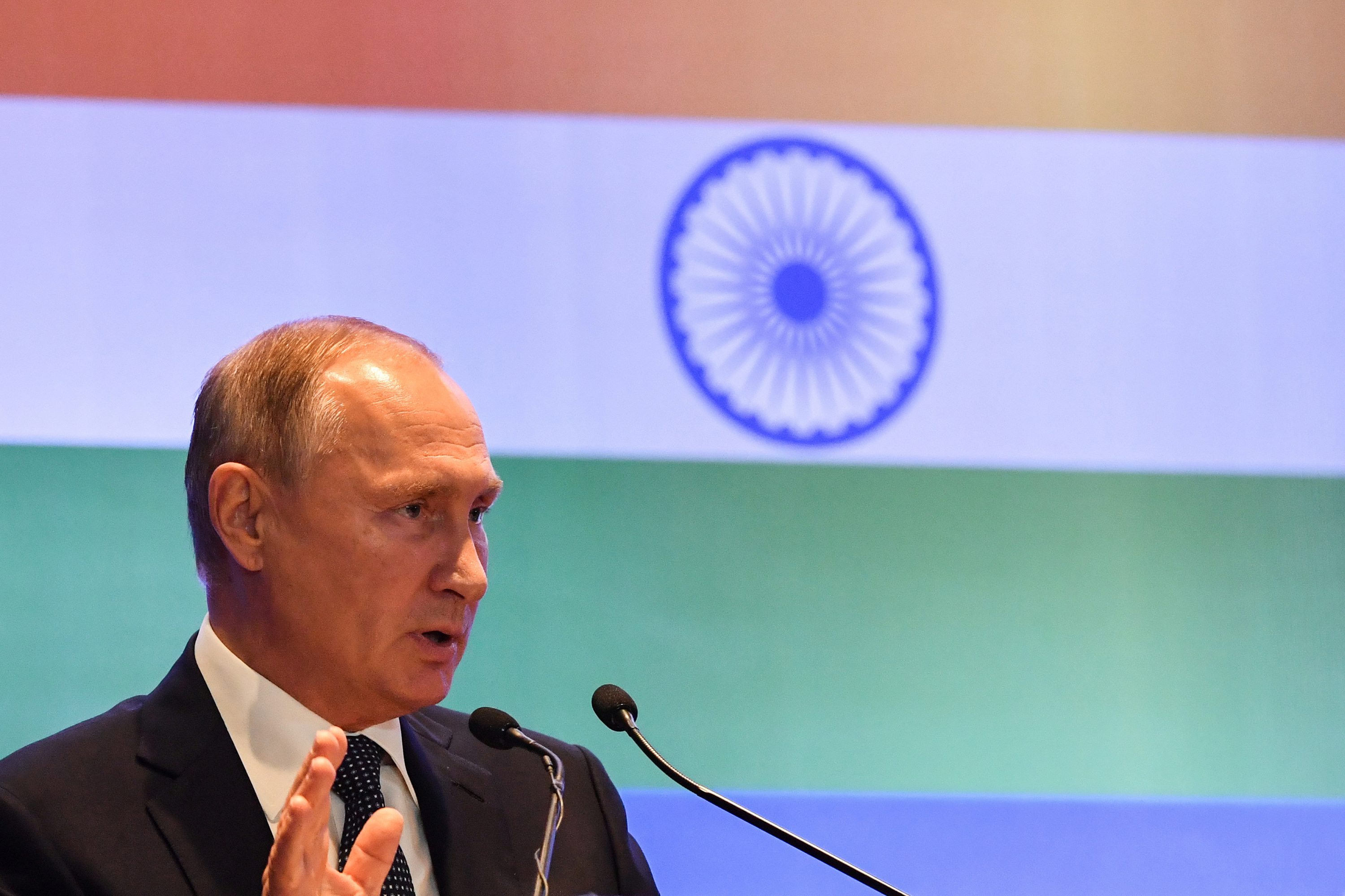 Russian President Putin speaks during a session of the Russian-Indian business summit in New Delhi