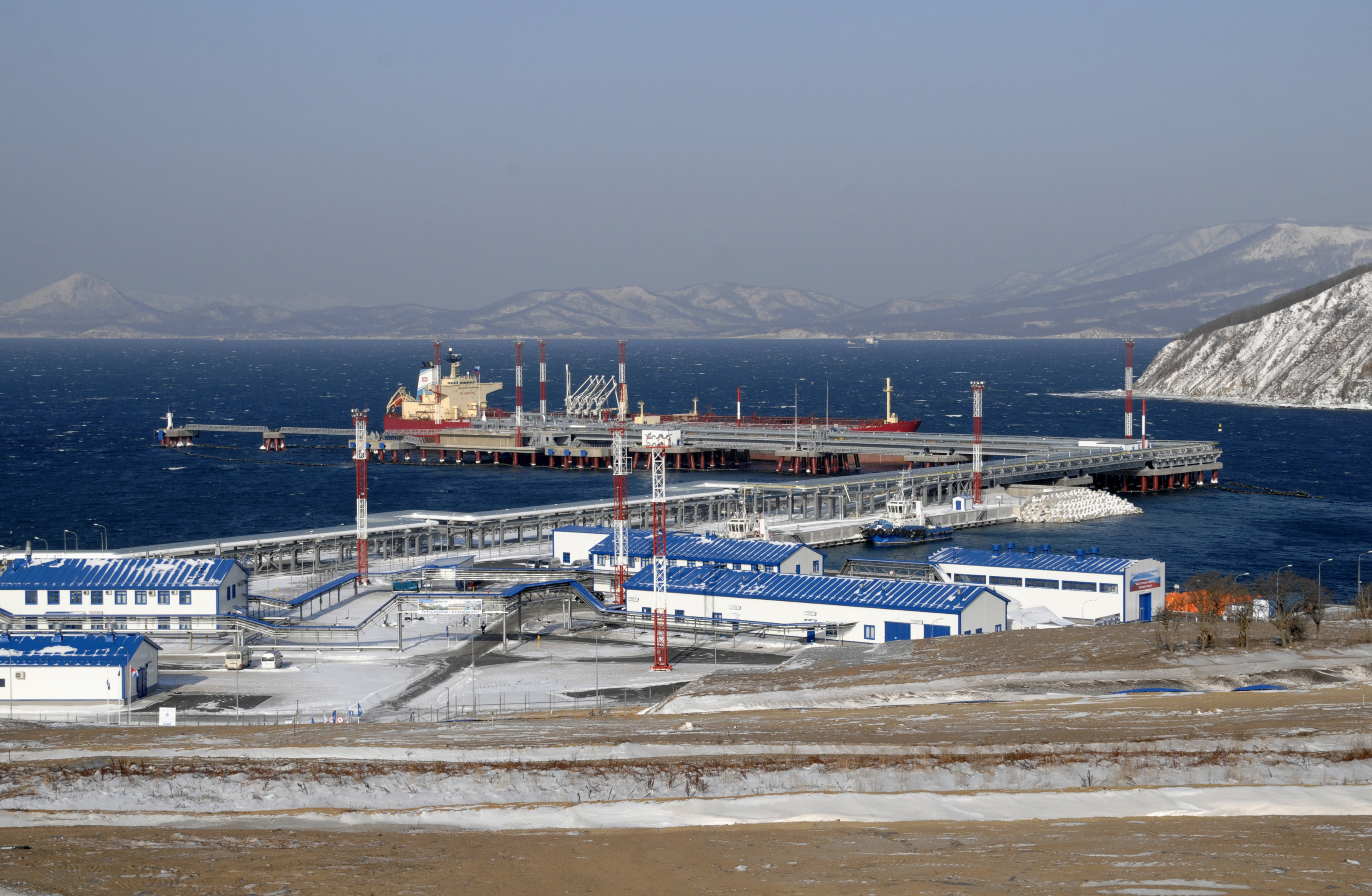 A general view shows Kozmino oil-loading port in the bay of Kozmino