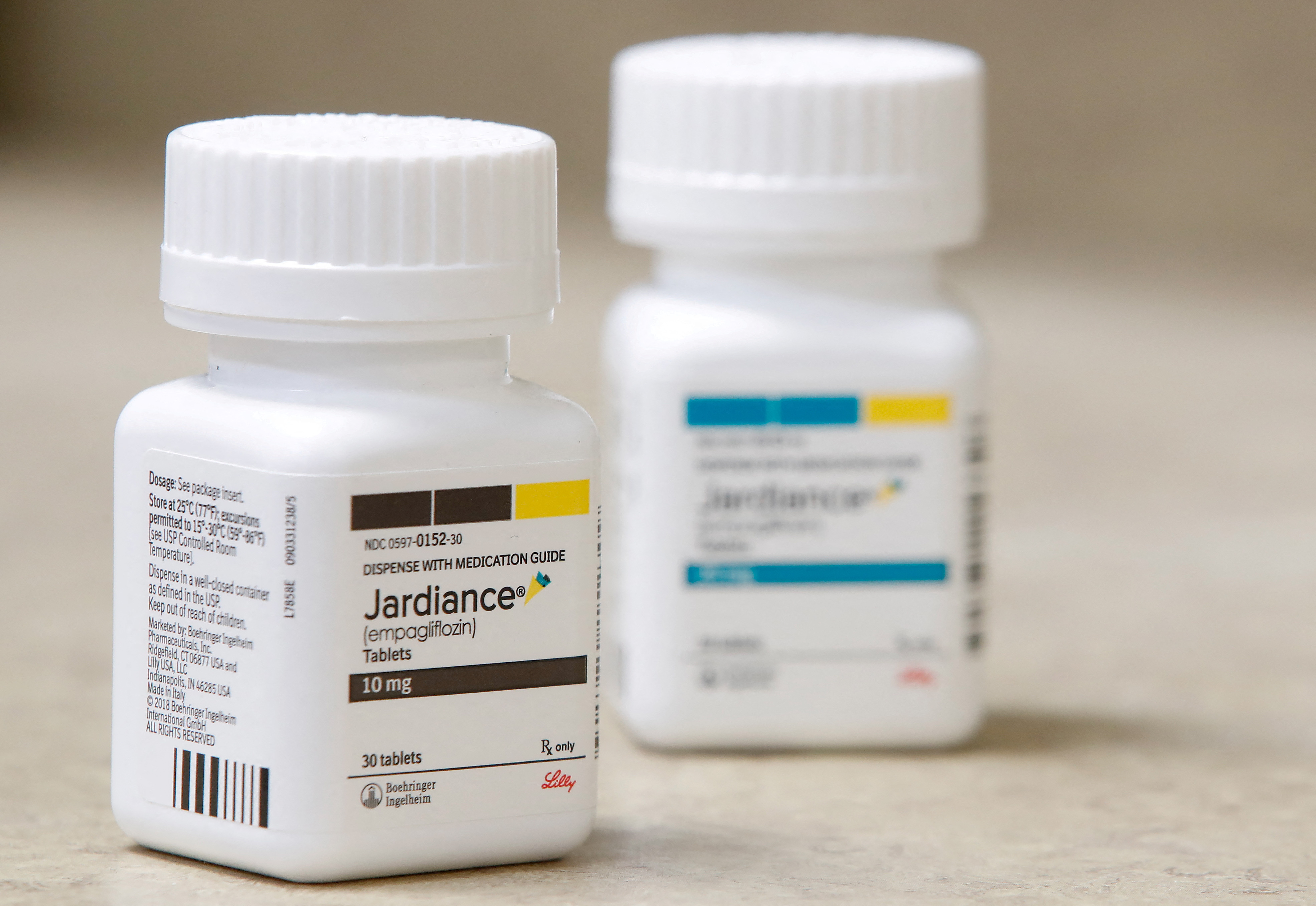 Bottles of the drug Jardiance, made by Eli Lilly and Company, sit on a counter at a pharmacy in Provo