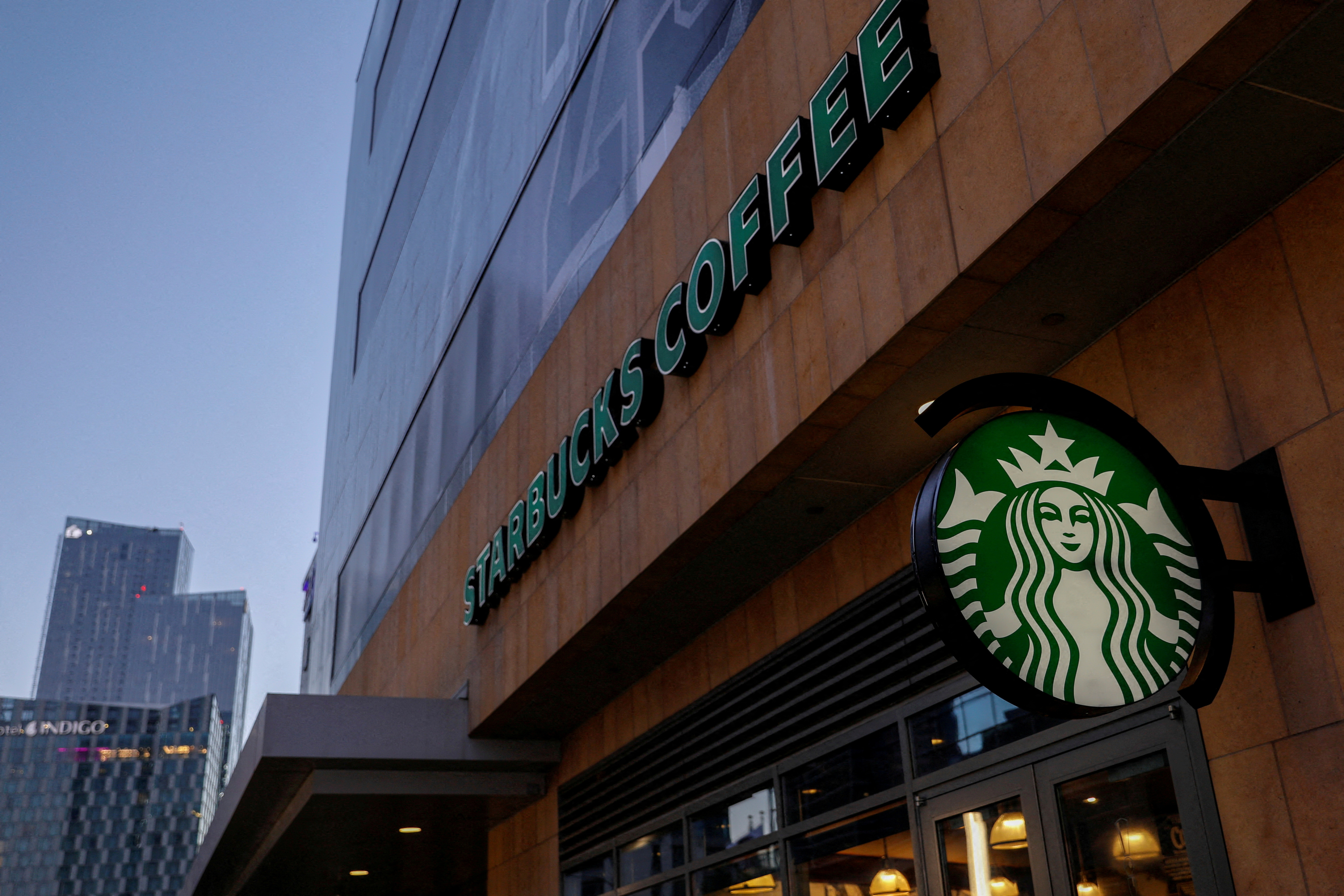 A Starbucks sign is show on one of the companies stores in Los Angeles, California