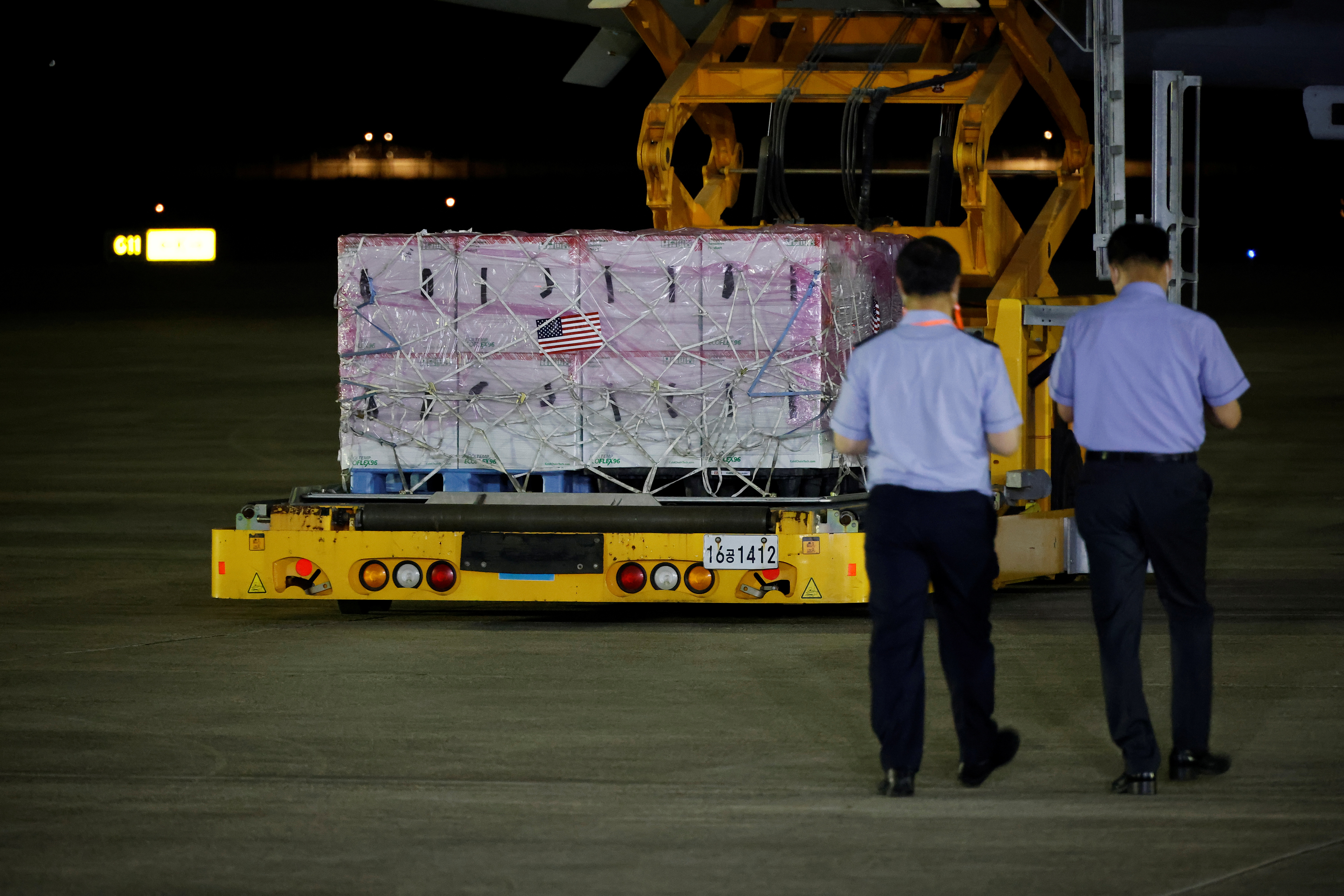 A batch of Johnson & Johnson's Janssen COVID-19 vaccines arrives at a military airport in Seongnam