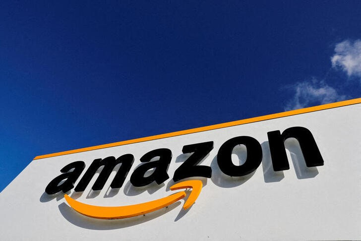 The logo of Amazon is seen at the company's logistics centre in Boves
