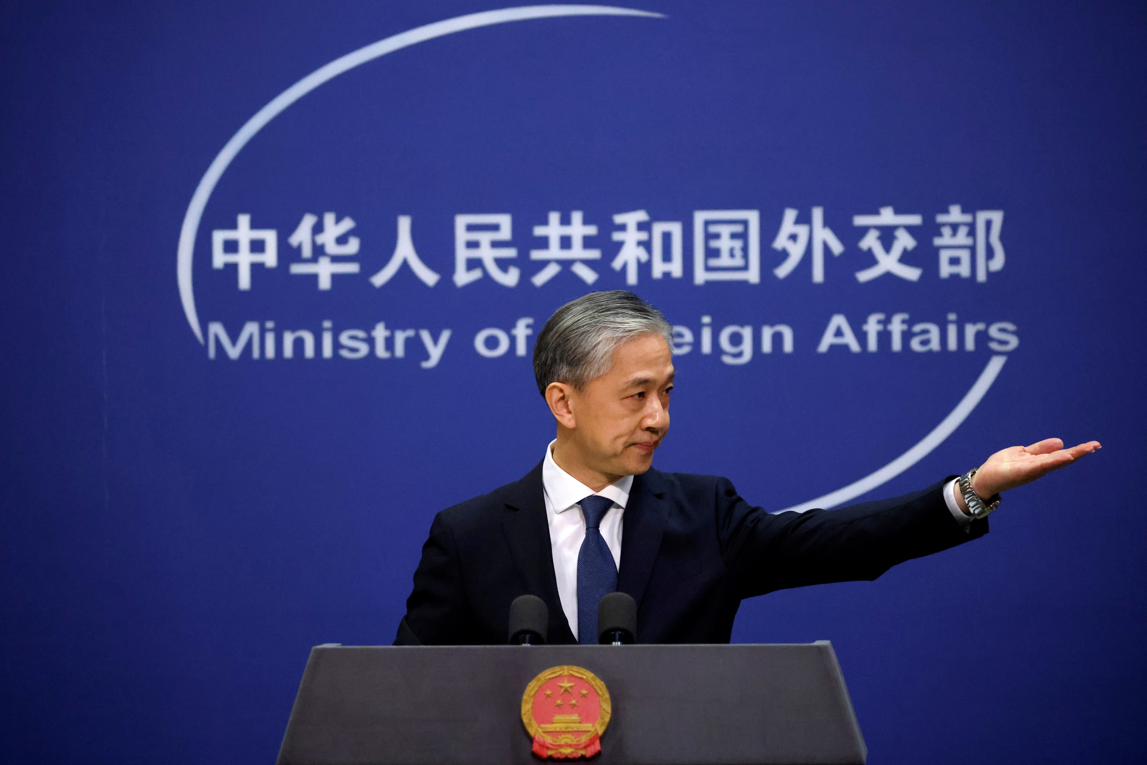 Chinese Foreign Ministry spokesman Wang Wenbin attends a news conference in Beijing