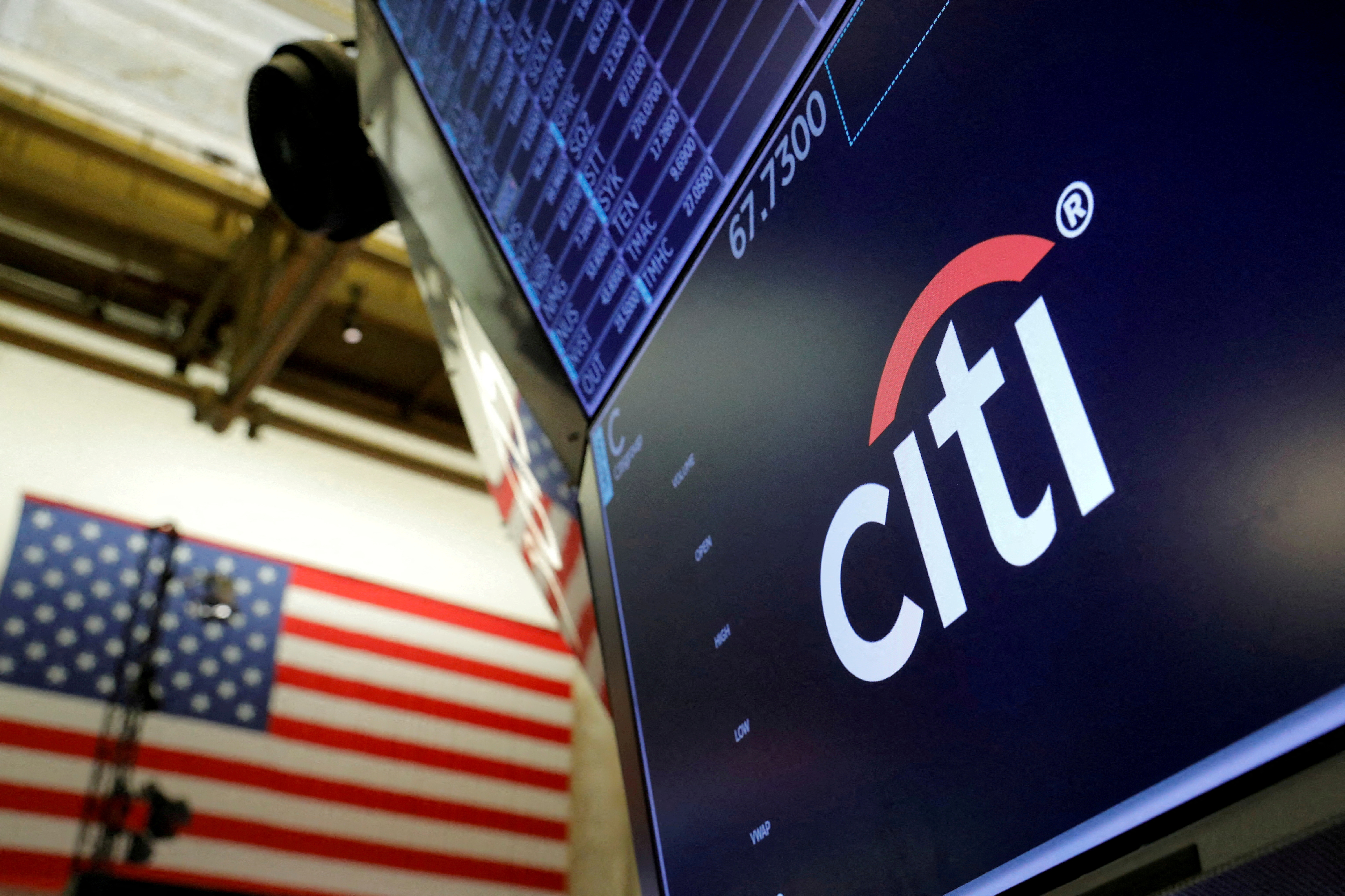 The logo of Citibank is seen on the trading floor of the New York Stock Exchange (NYSE) in Manhattan, New York City