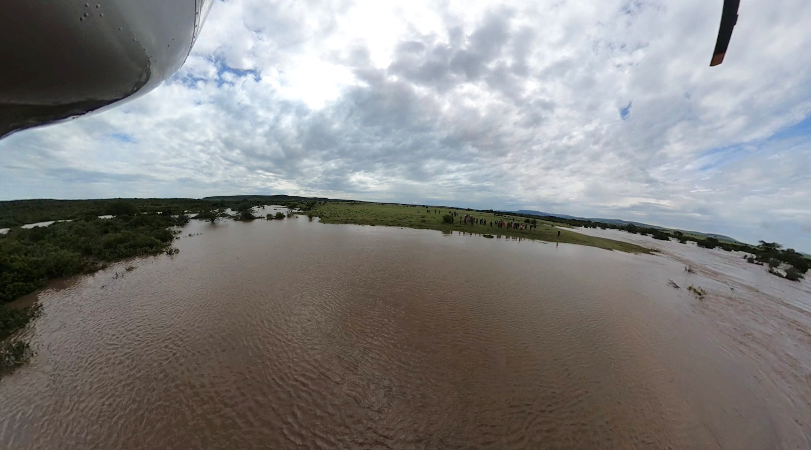 A view from a helicopter shows a swollen river within the flooded area following heavy rainfall in the Talek region, of the Maasai Mara