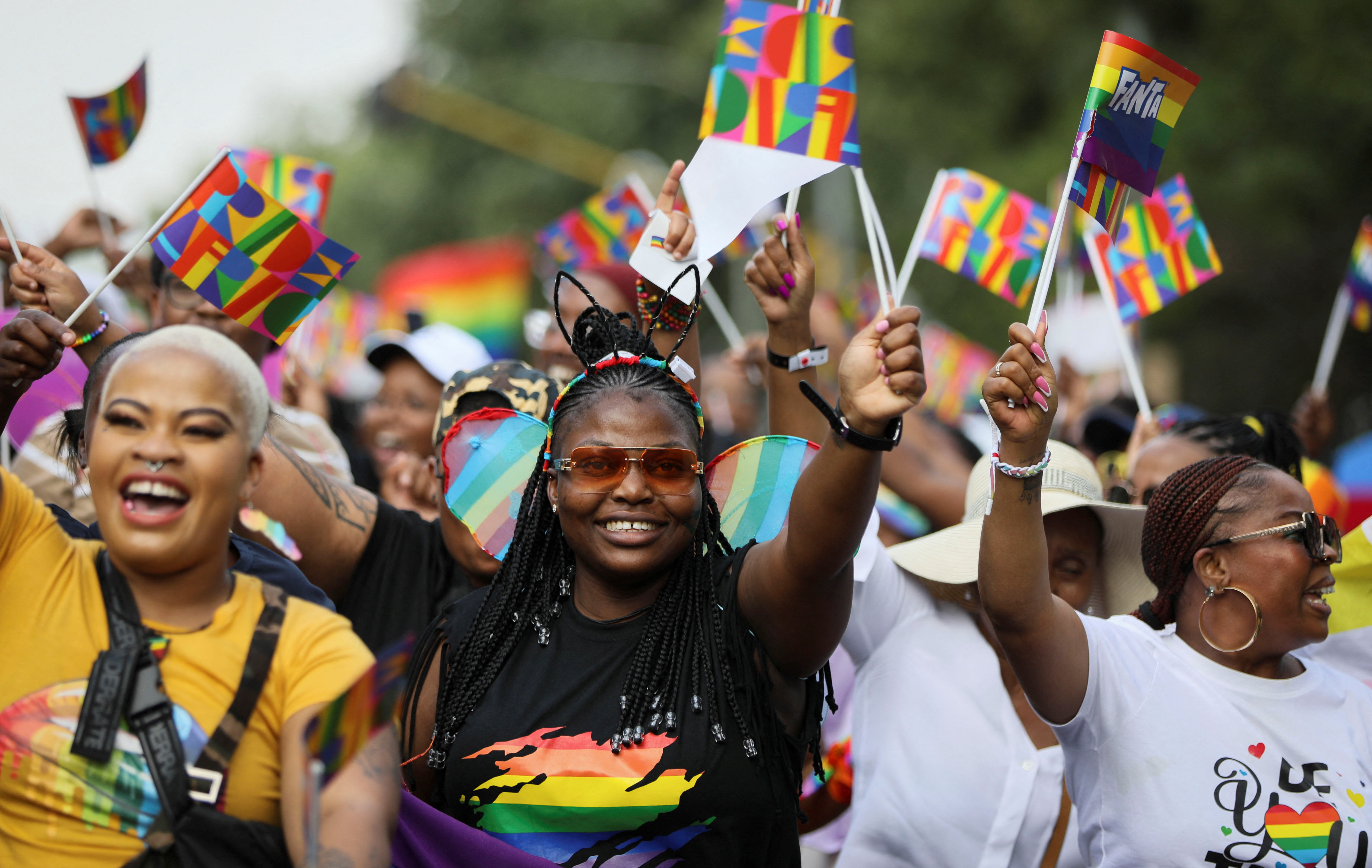 People march in celebration of LGBTQ+ rights at the annual Pride Parade in Johannesburg