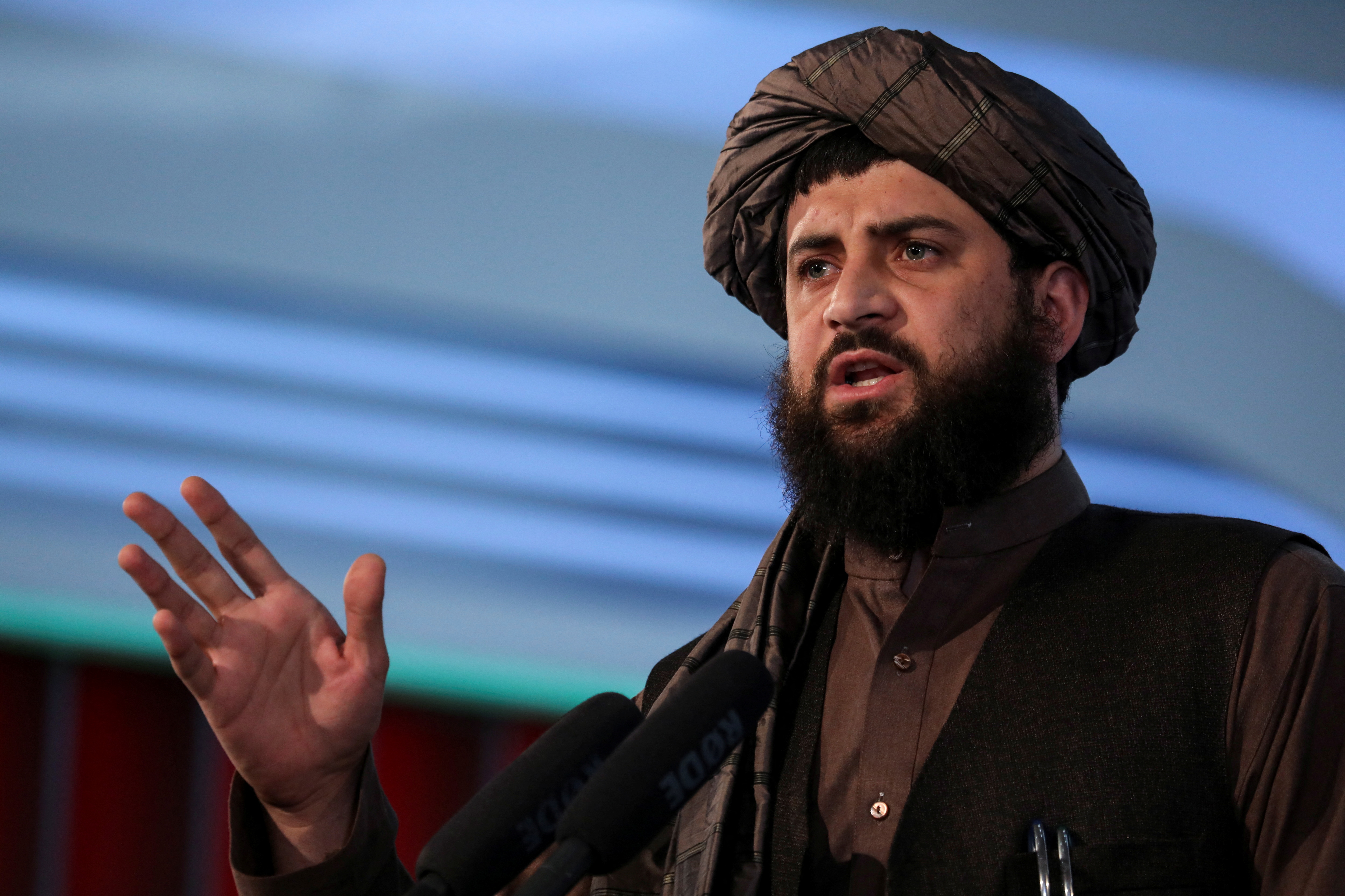 Afghan Taliban's Minister of Defense Mullah Mohammad Yaqoob speaks during the death anniversary of Mullah Mohammad Omar, the late leader and founder of the Taliban, in Kabul