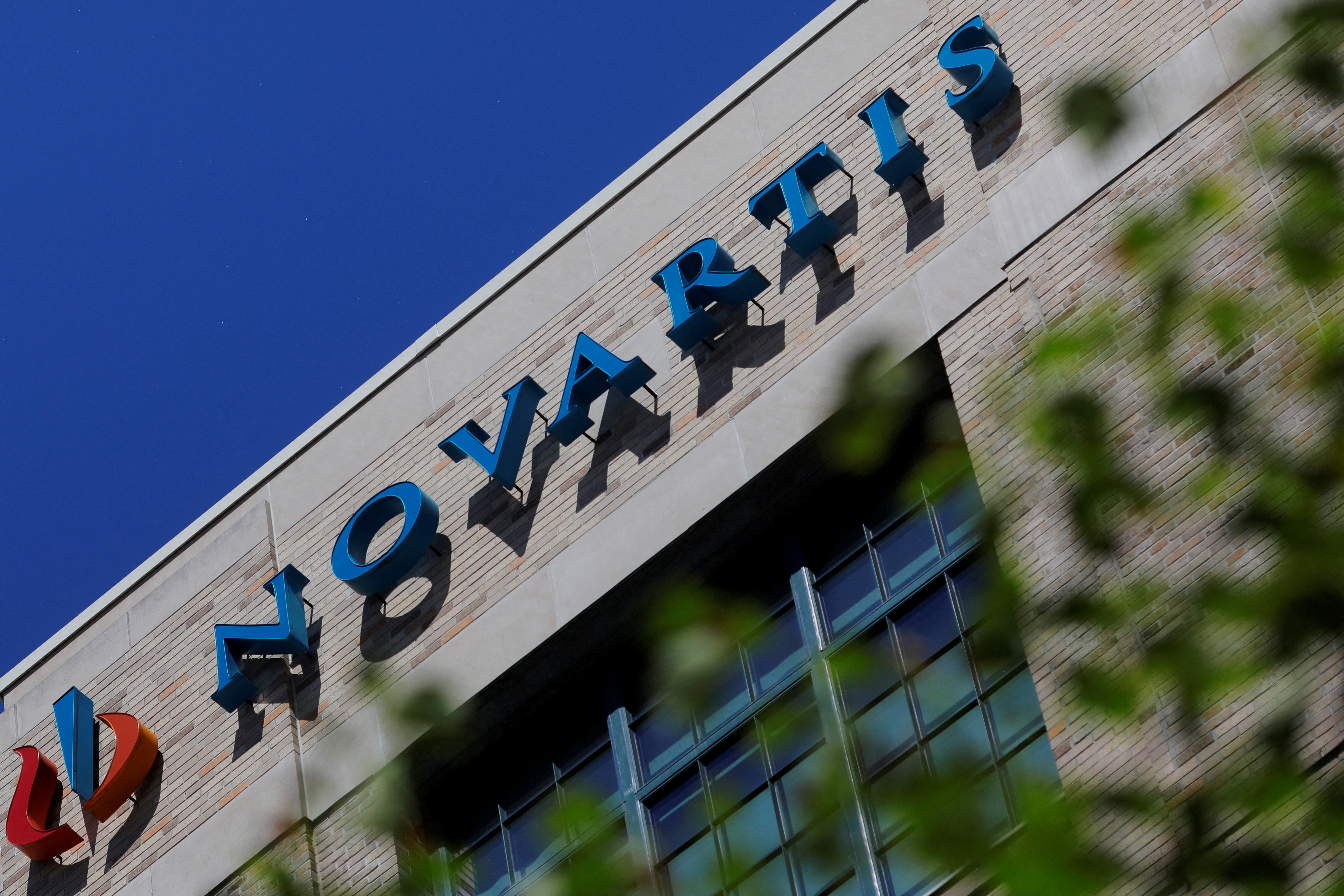 A sign marks the Novartis facility in Cambridge