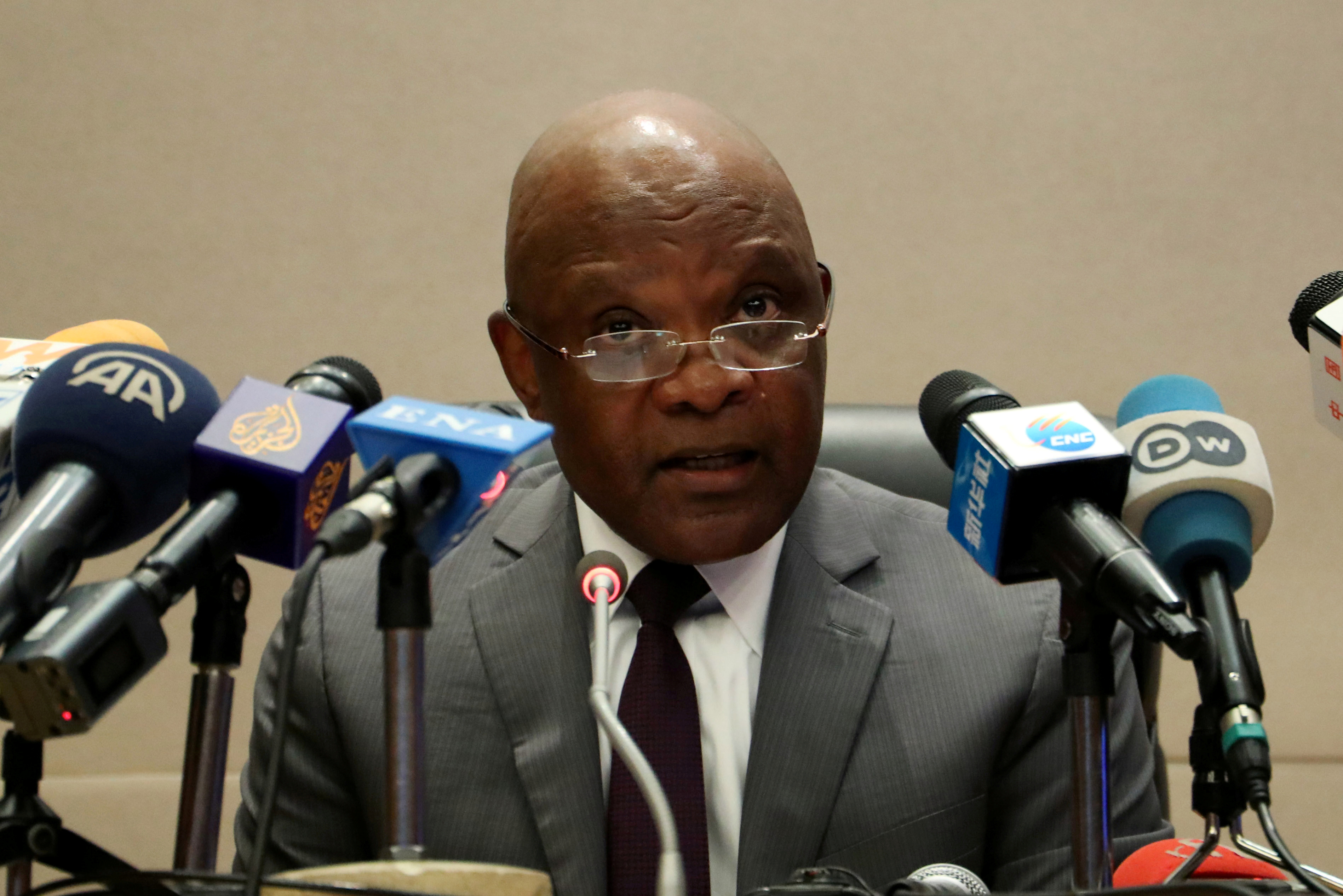 John Nkengasong, Africa’s Director of Centers for Disease Control (CDC), speaks during a news conference on coronavirus at the African Union Headquarters in Addis Ababa