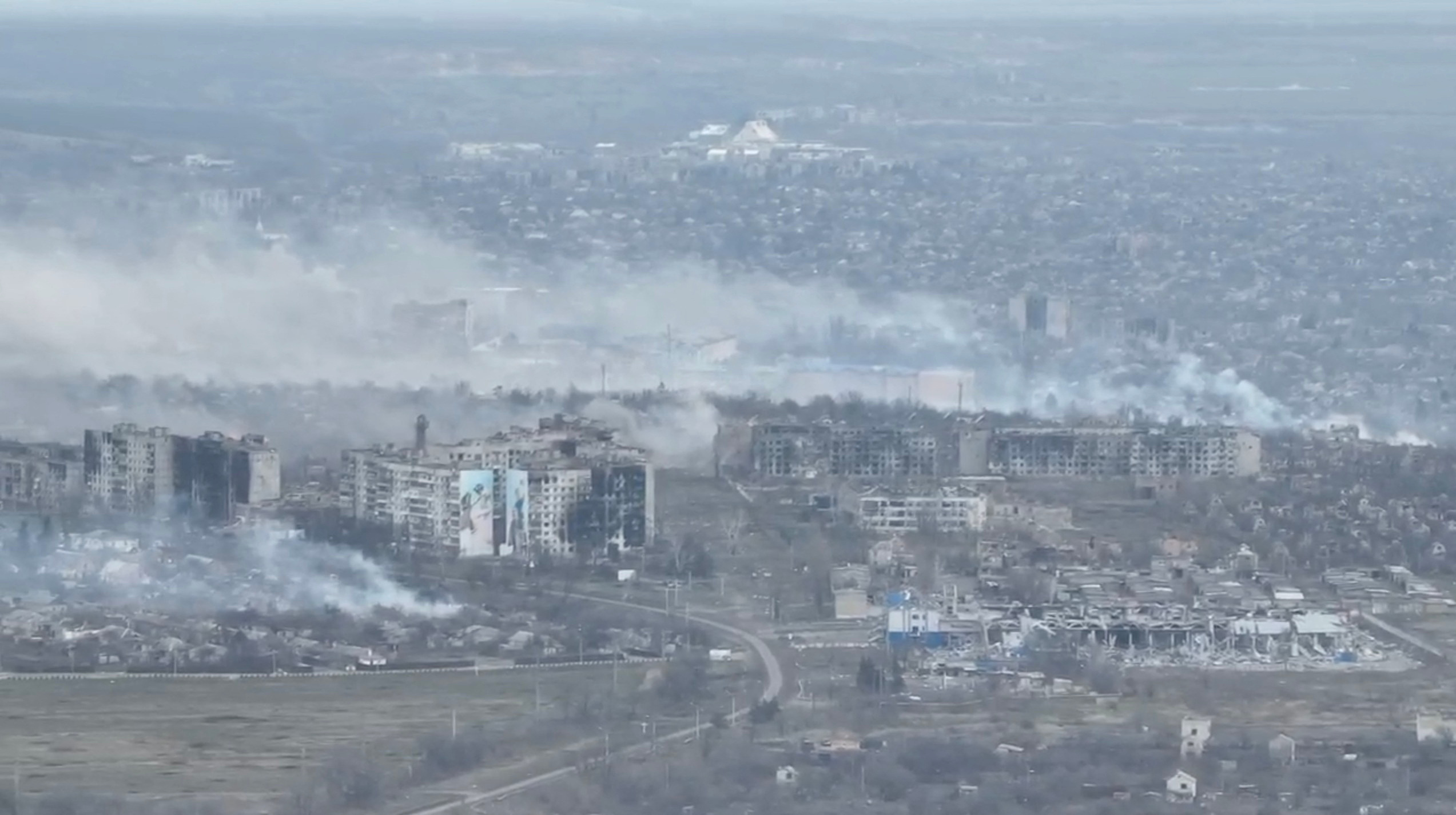 An aerial view shows smoke billowing, in Bakhmut, Ukraine