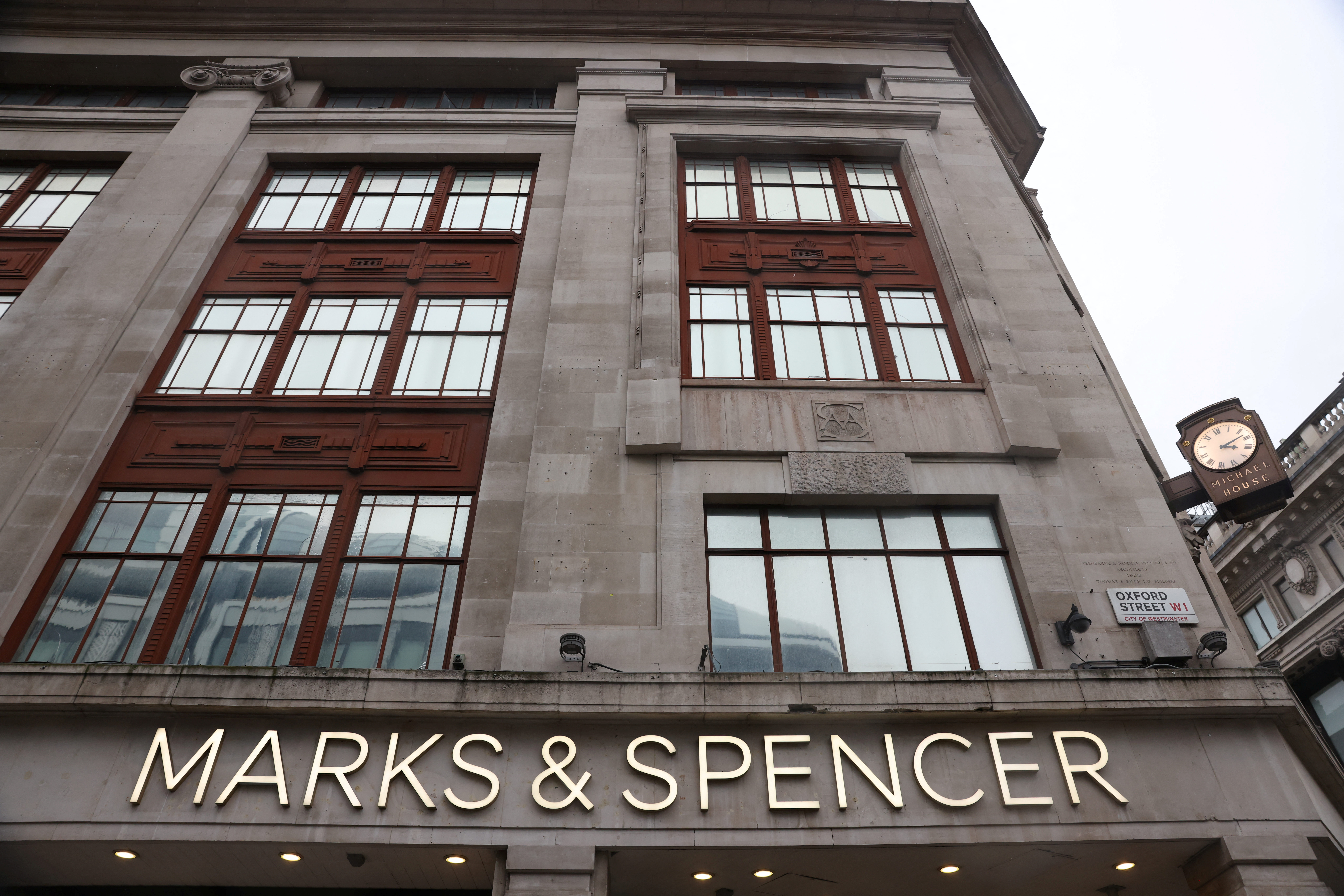 The Marks & Spencer logo is seen at a store near Marble Arch on Oxford Street, in London
