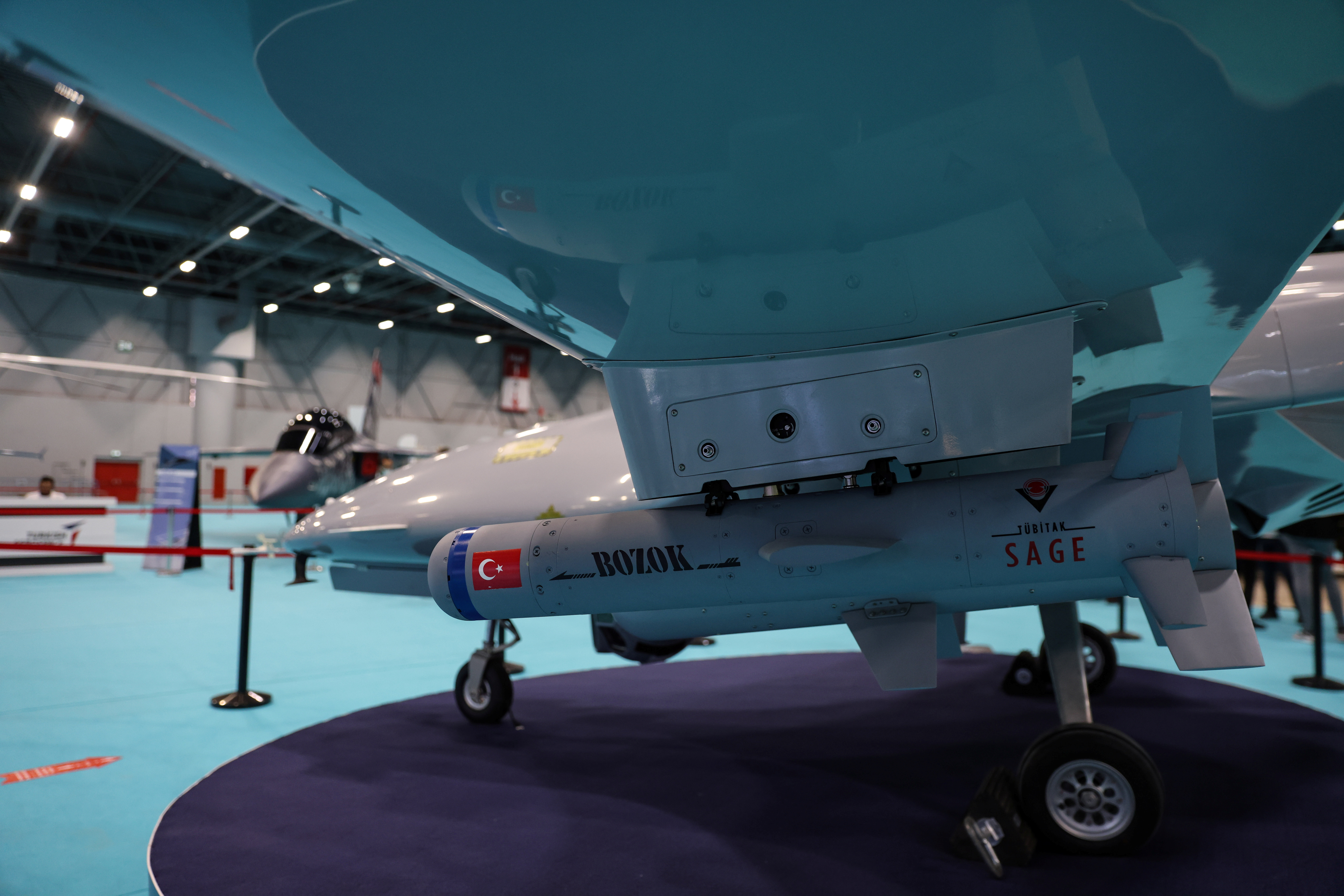 TB2 drone of Turkish drone-maker Baykar is seen at a stand during the first day of SAHA EXPO Defence & Aerospace Exhibition in Istanbul