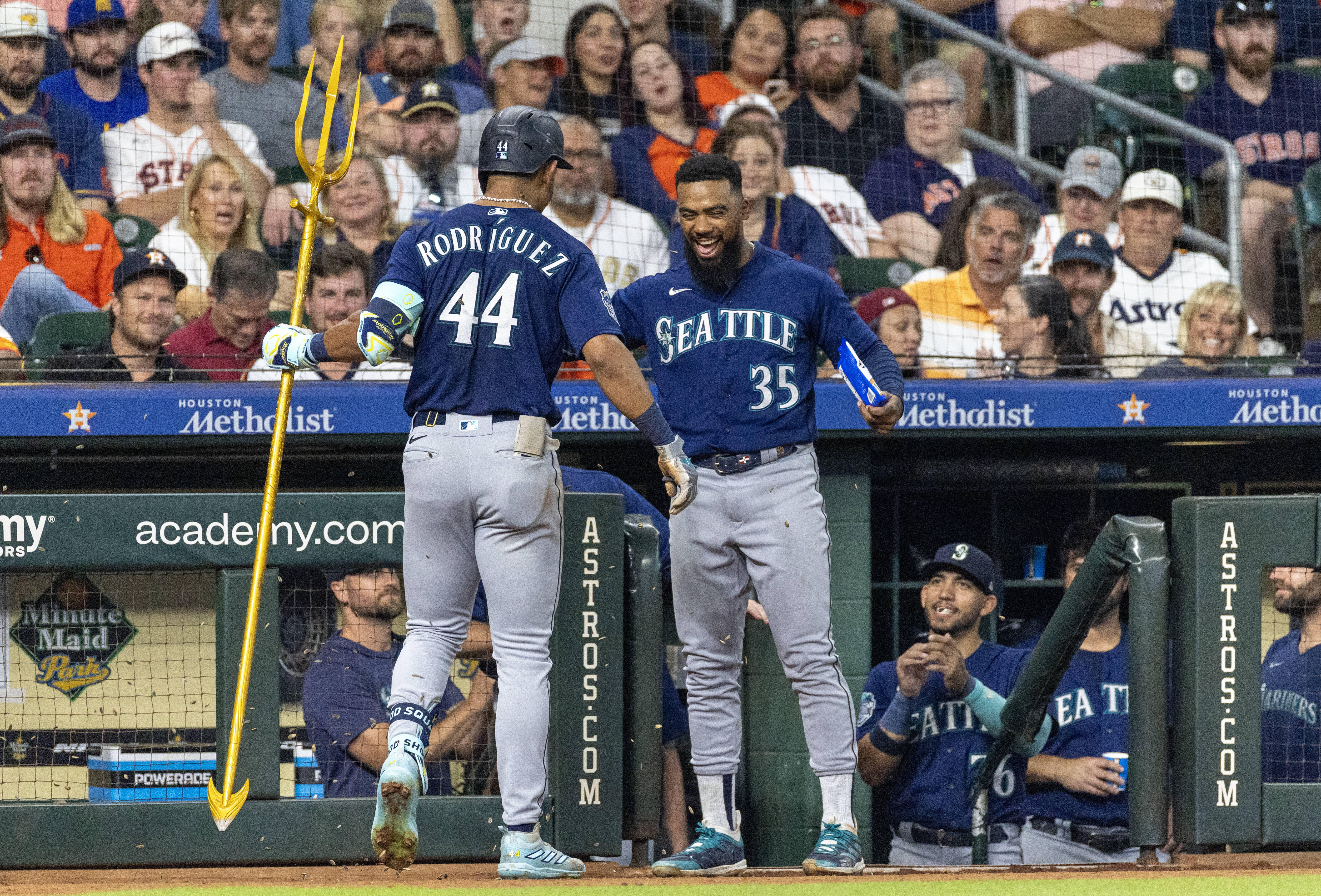 Seattle Mariners' Jose Caballero (76) and Julio Rodriguez (44