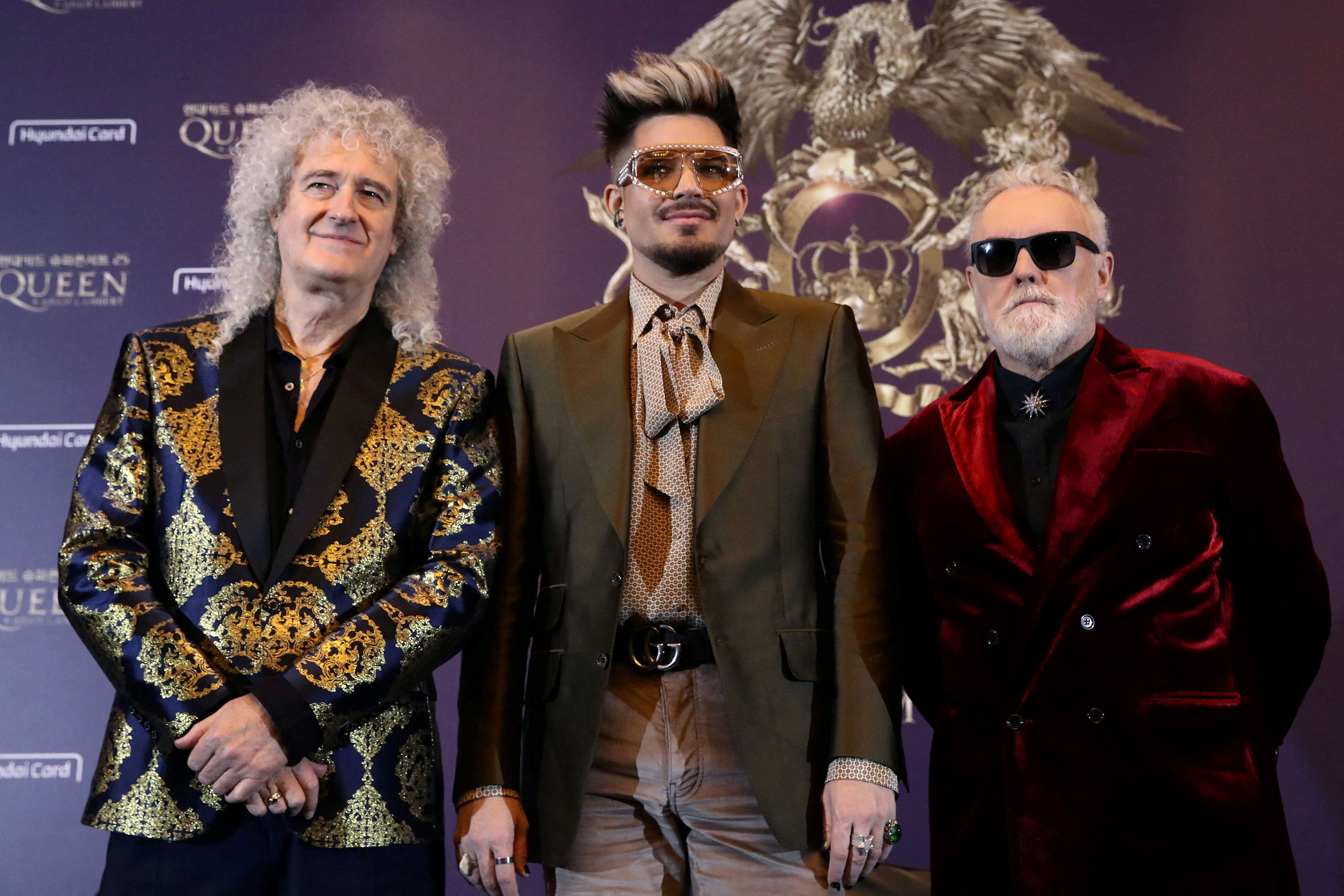 Brian May, Adam Lambert and Roger Taylor of Queen attend the news conference ahead of the Rhapsody Tour at Conrad Hotel in Seoul, South Korea