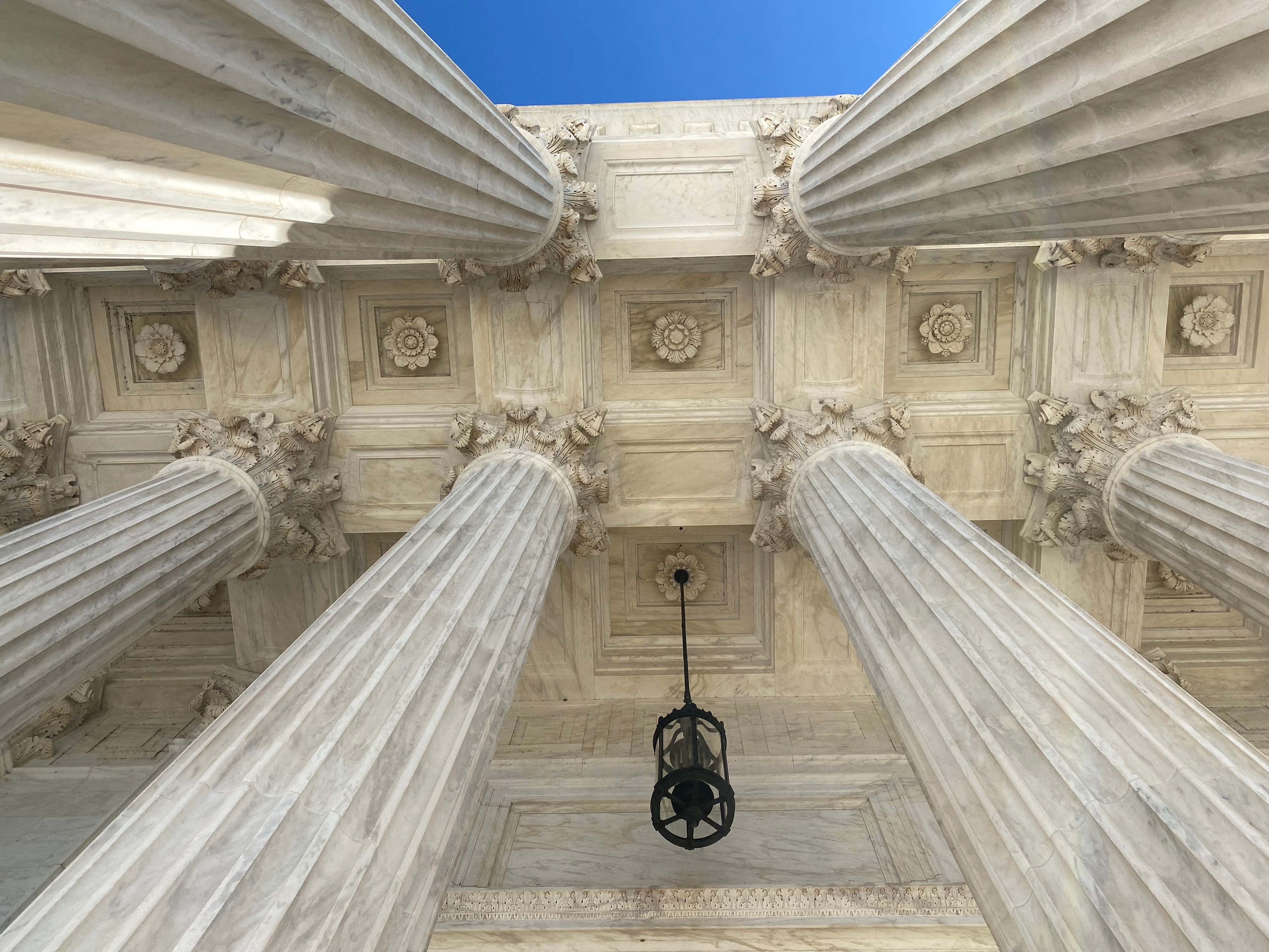 The ceiling of the U.S. Supreme Court building's portico is seen in Washington