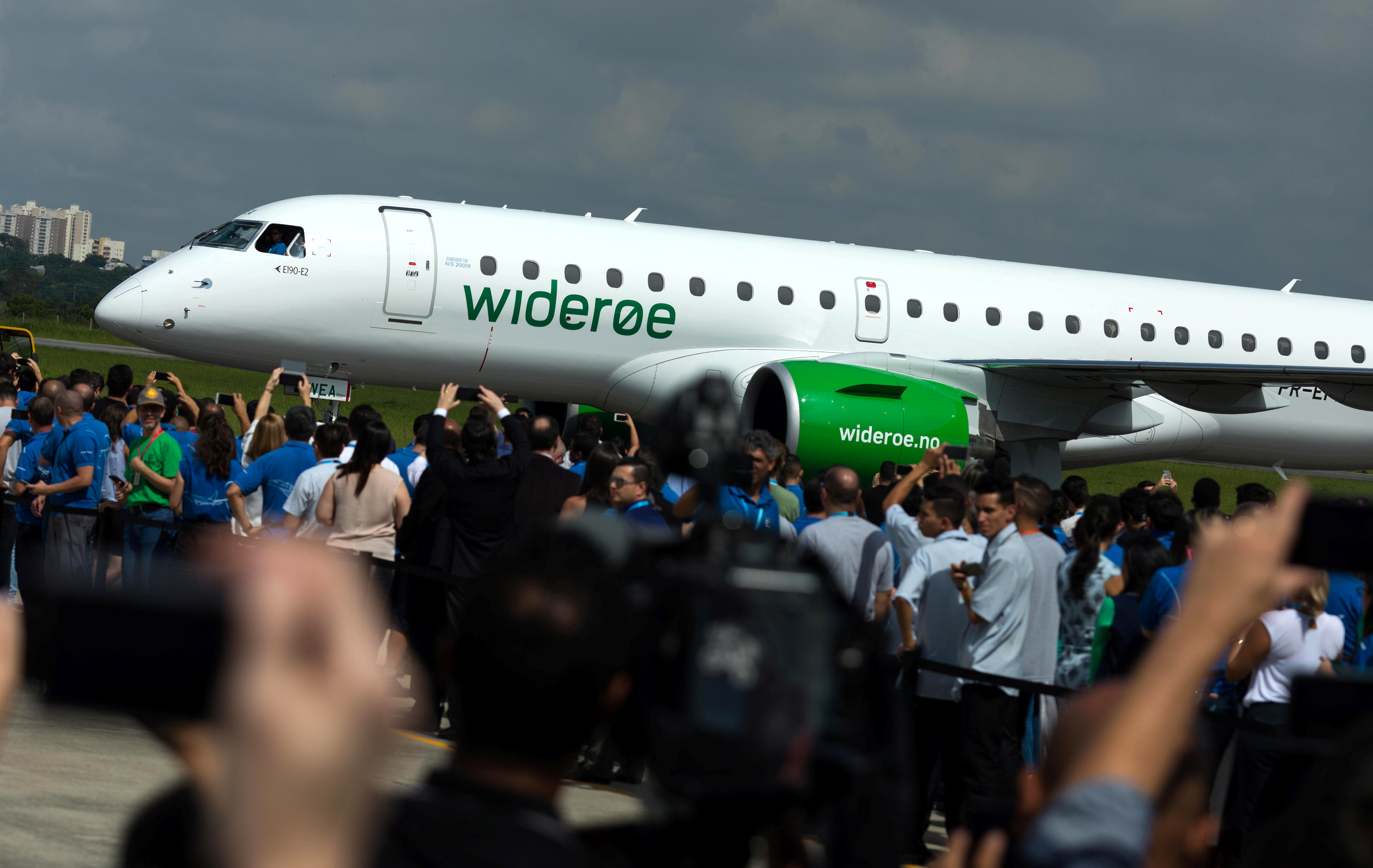 The E2-190 jet is seen during a ceremony as Embraer delivers first jet to Norway's Wideroe at the company's headquarters in Sao Jose dos Campos