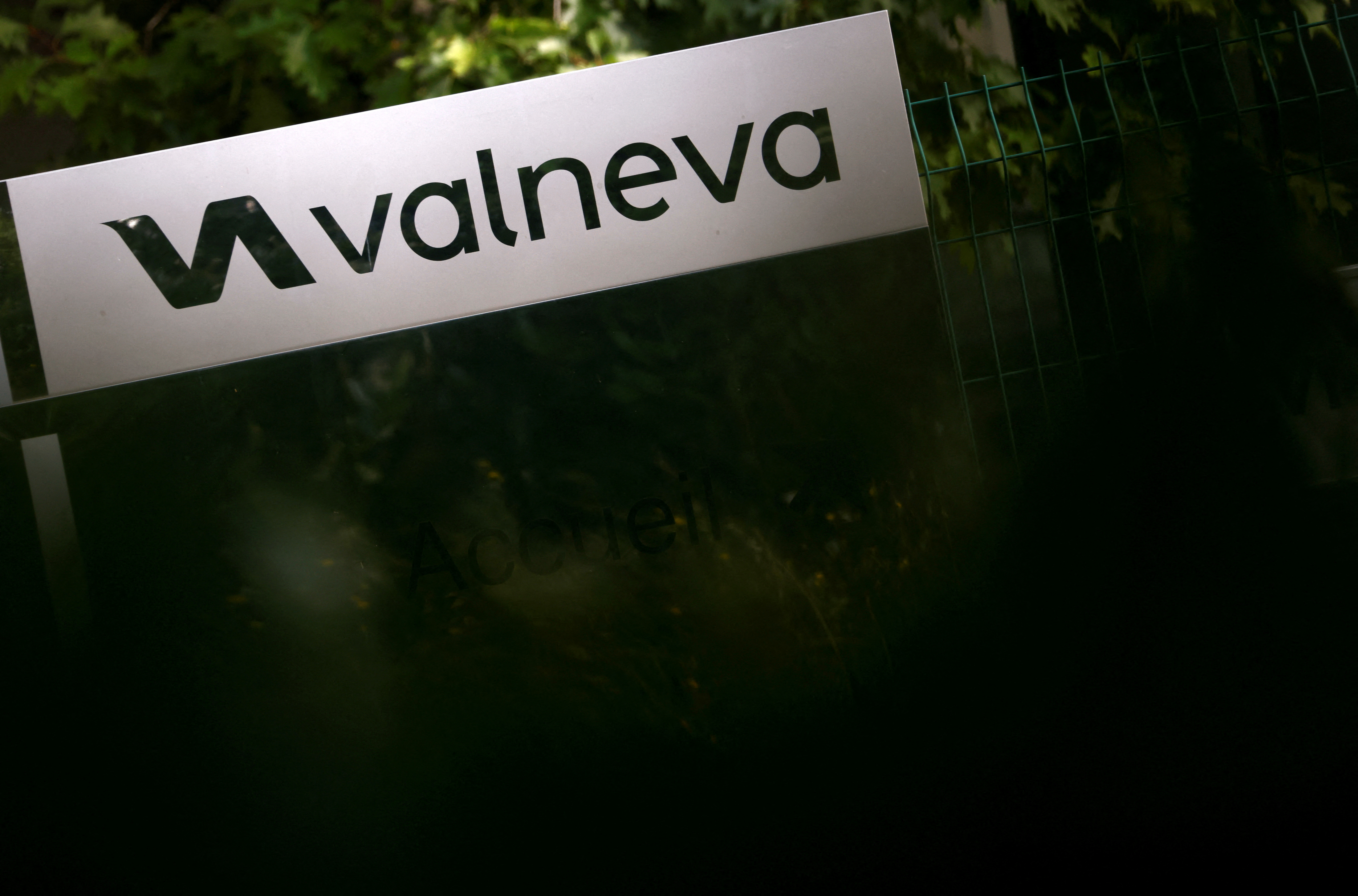 The logo of Valneva SE is pictured at the company's headquarters in Saint-Herblain