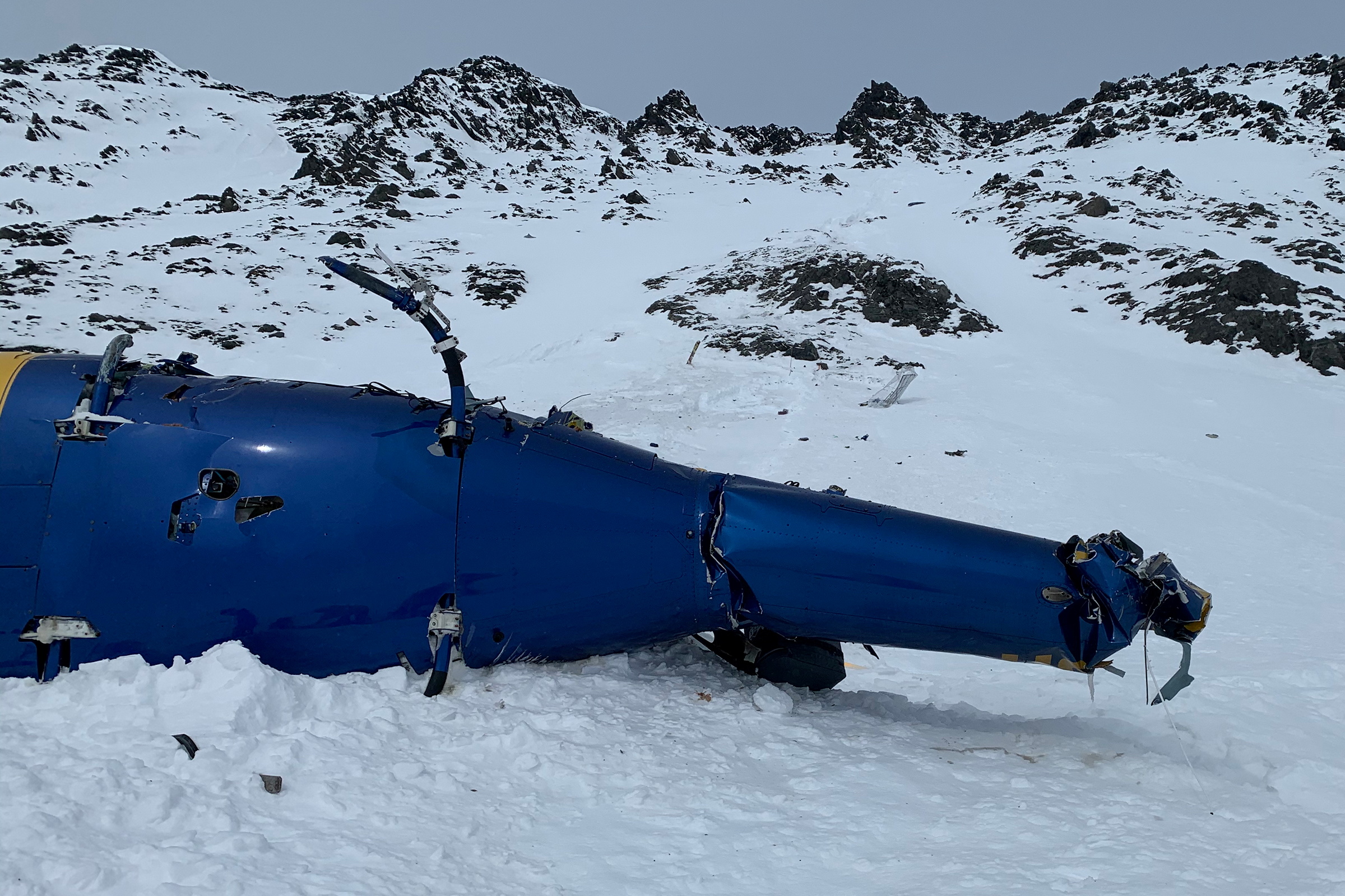 The wreckage of a helicopter which crashed, killing five people including Petr Kellner in Alaska