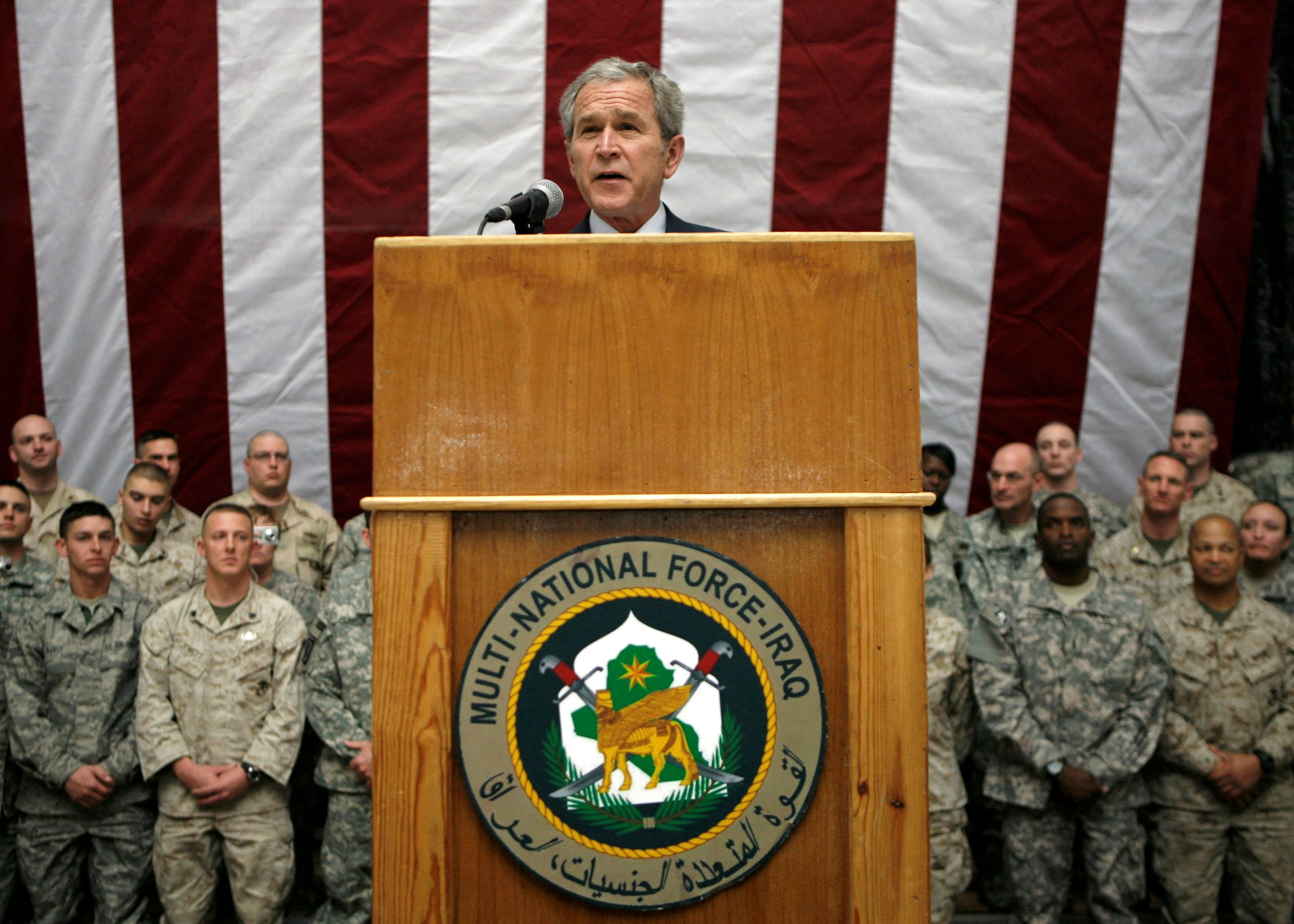 U.S. President George W. Bush speaks to U.S. troops from Al Faw Palace at Camp Victory in Baghdad