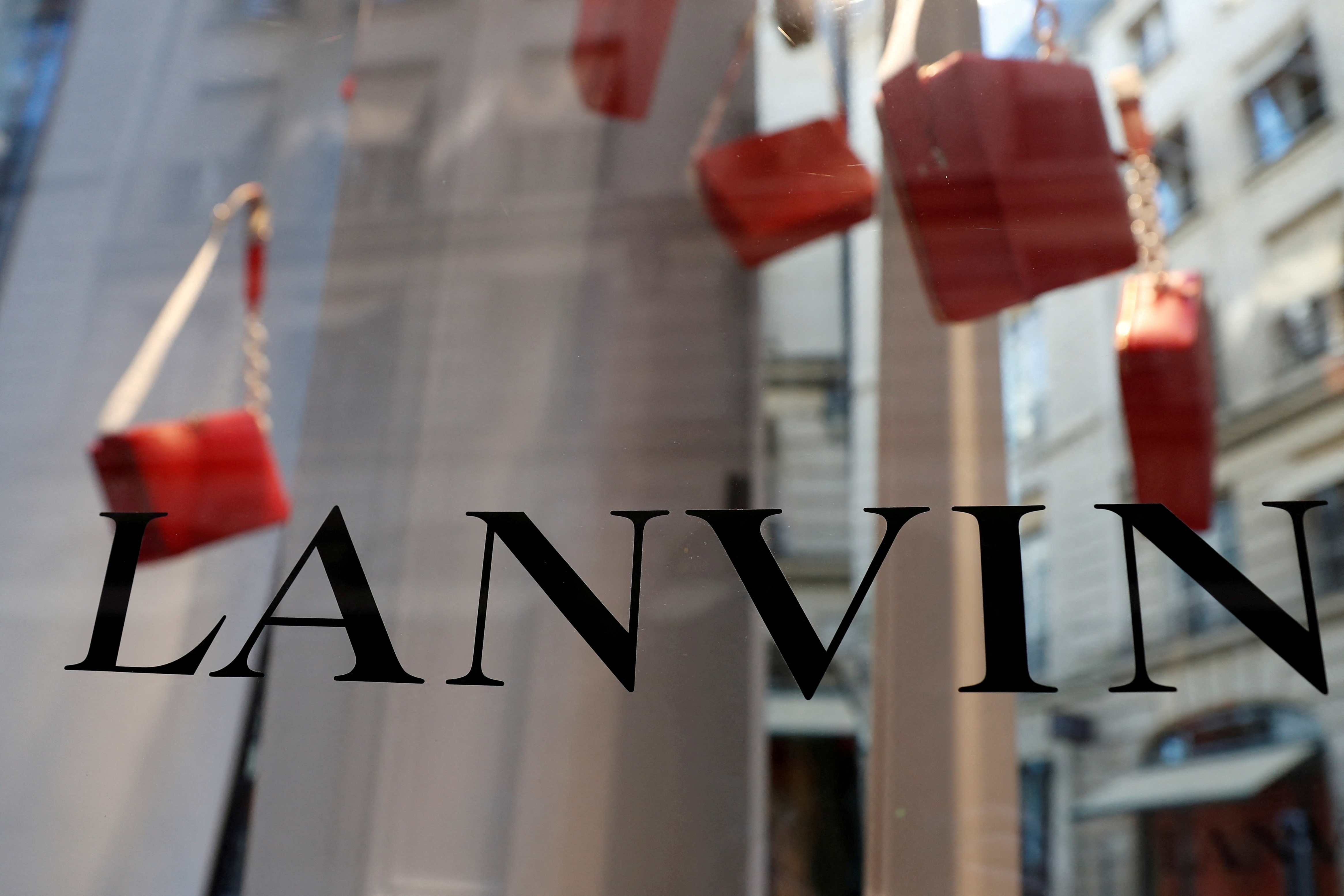 The logo of Lanvin, luxury clothing and accessories, is seen on a French fashion house Lanvin store window in Paris