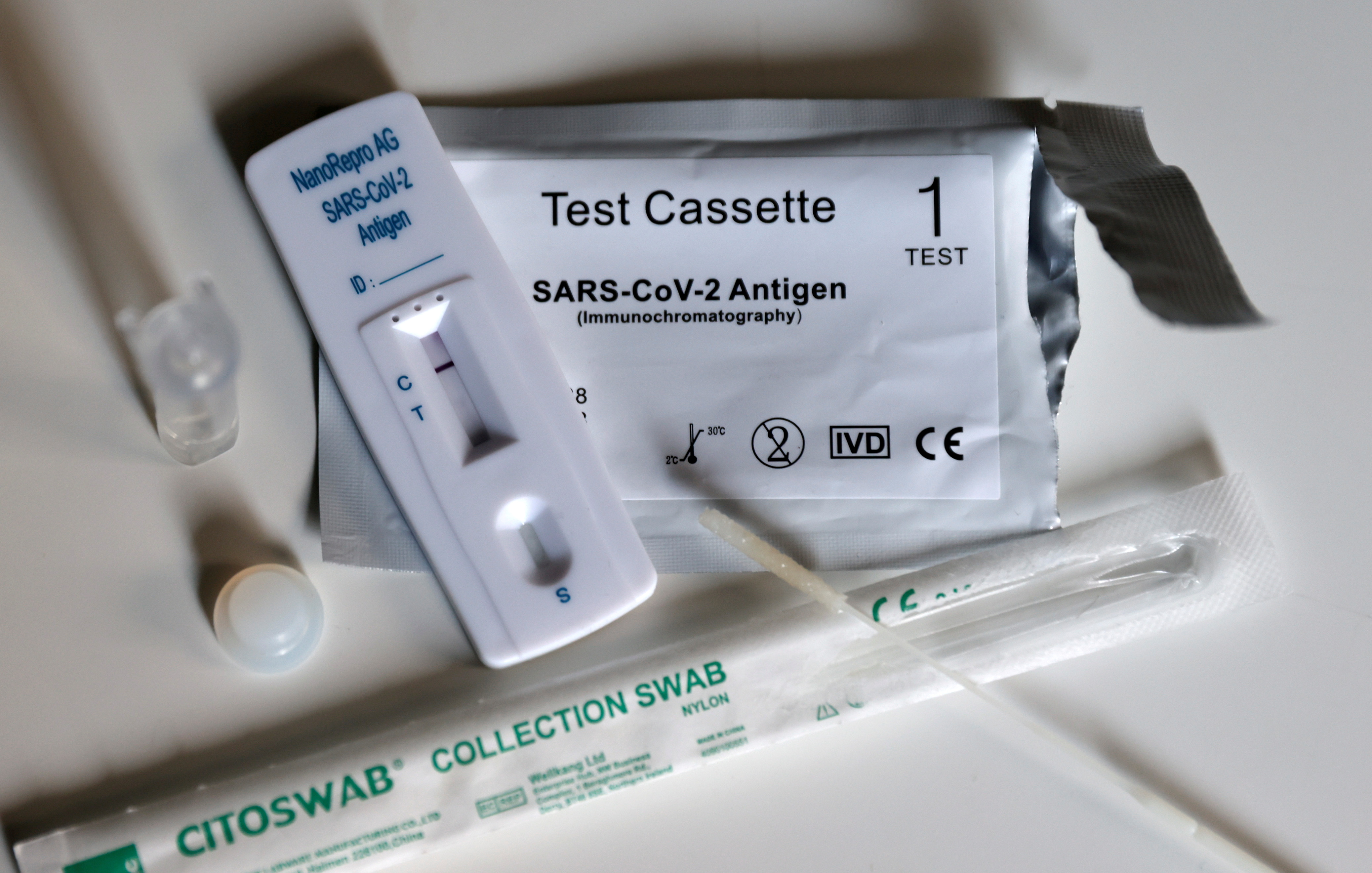 A used coronavirus disease (COVID-19) rapid test with negative result is pictured in Berlin