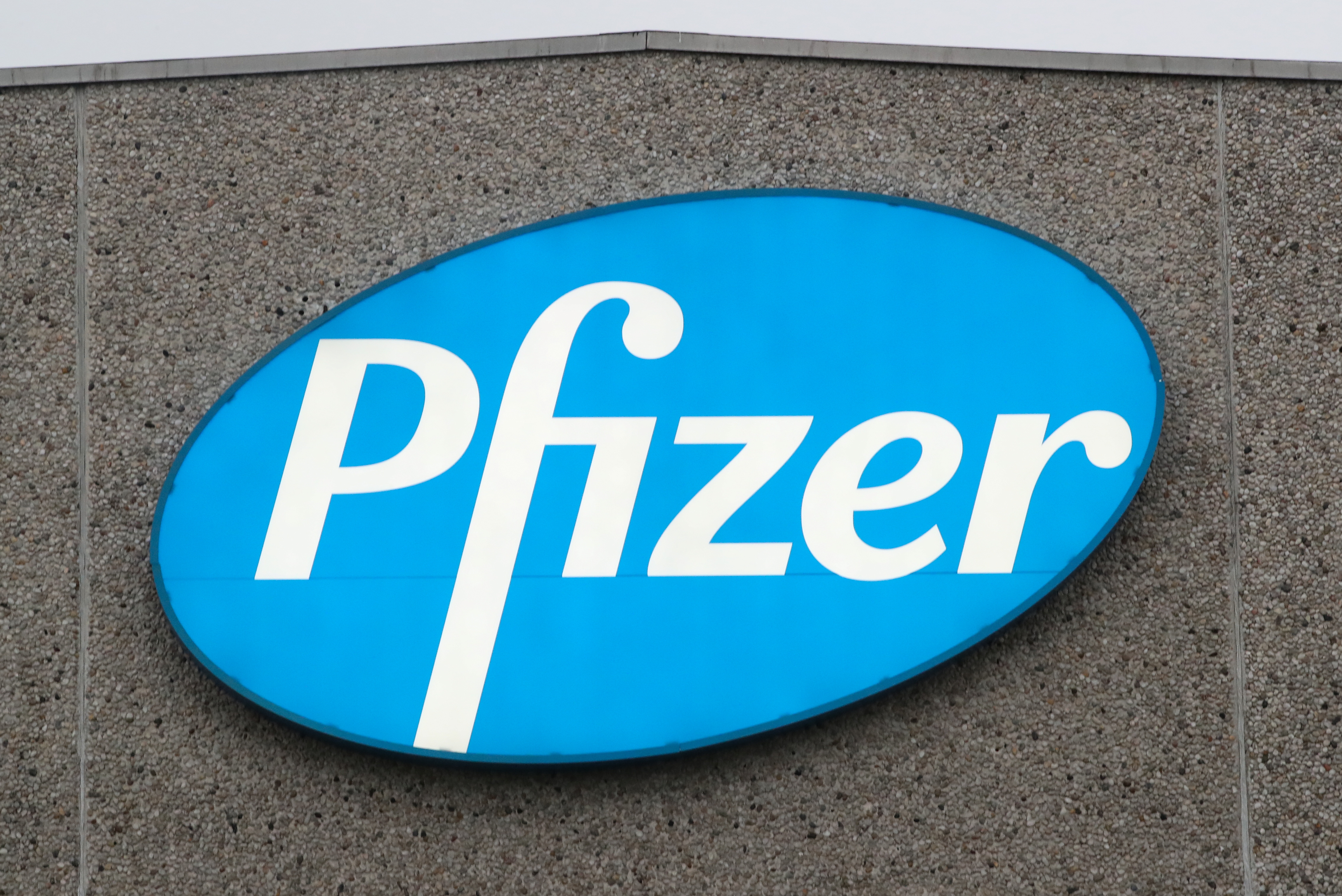 A logo of Pfizer is seen at the entrance to the Pfizer factory in Puurs