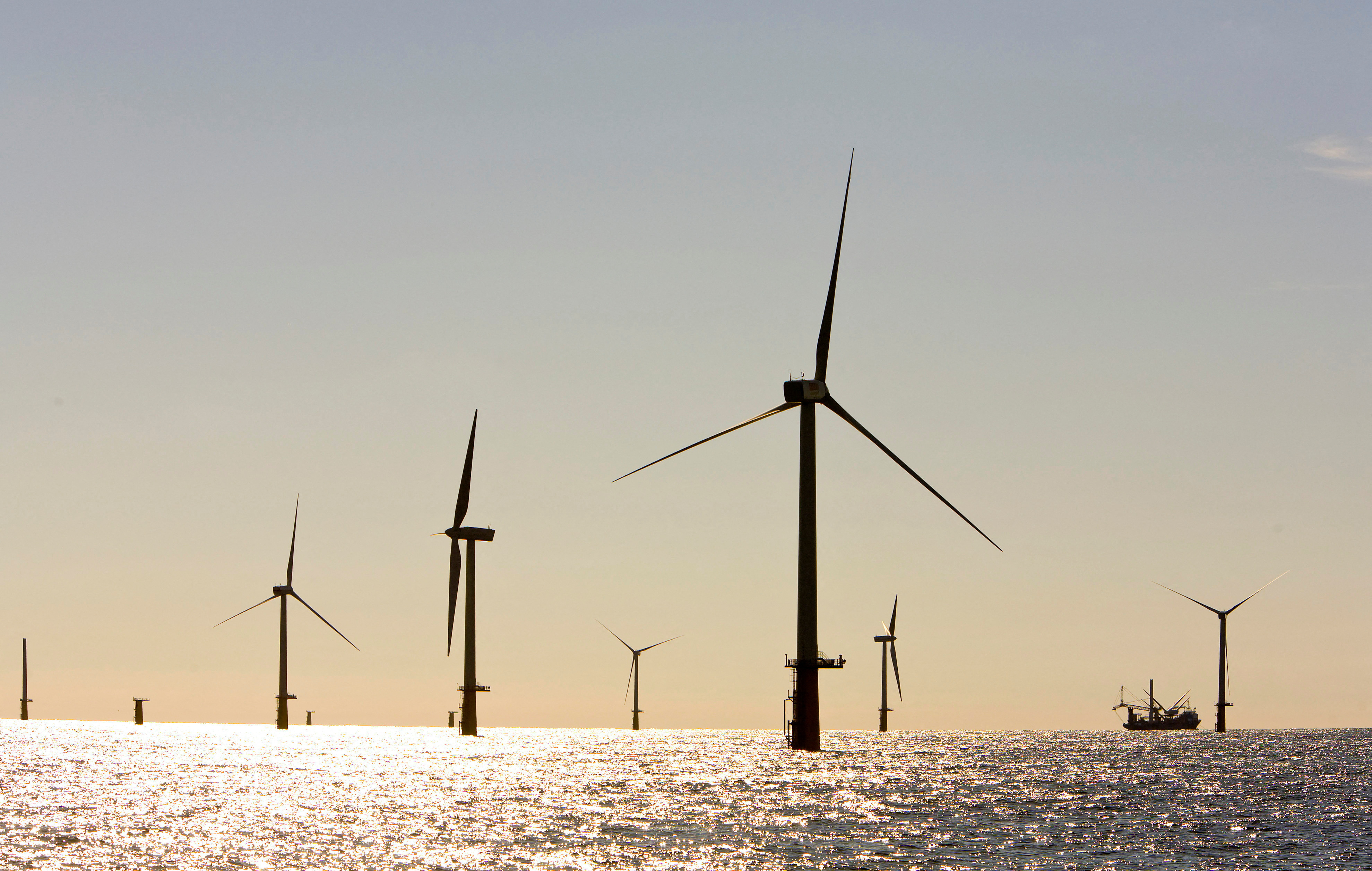 Wind turbines are seen in a wind park off the coast of the Netherlands
