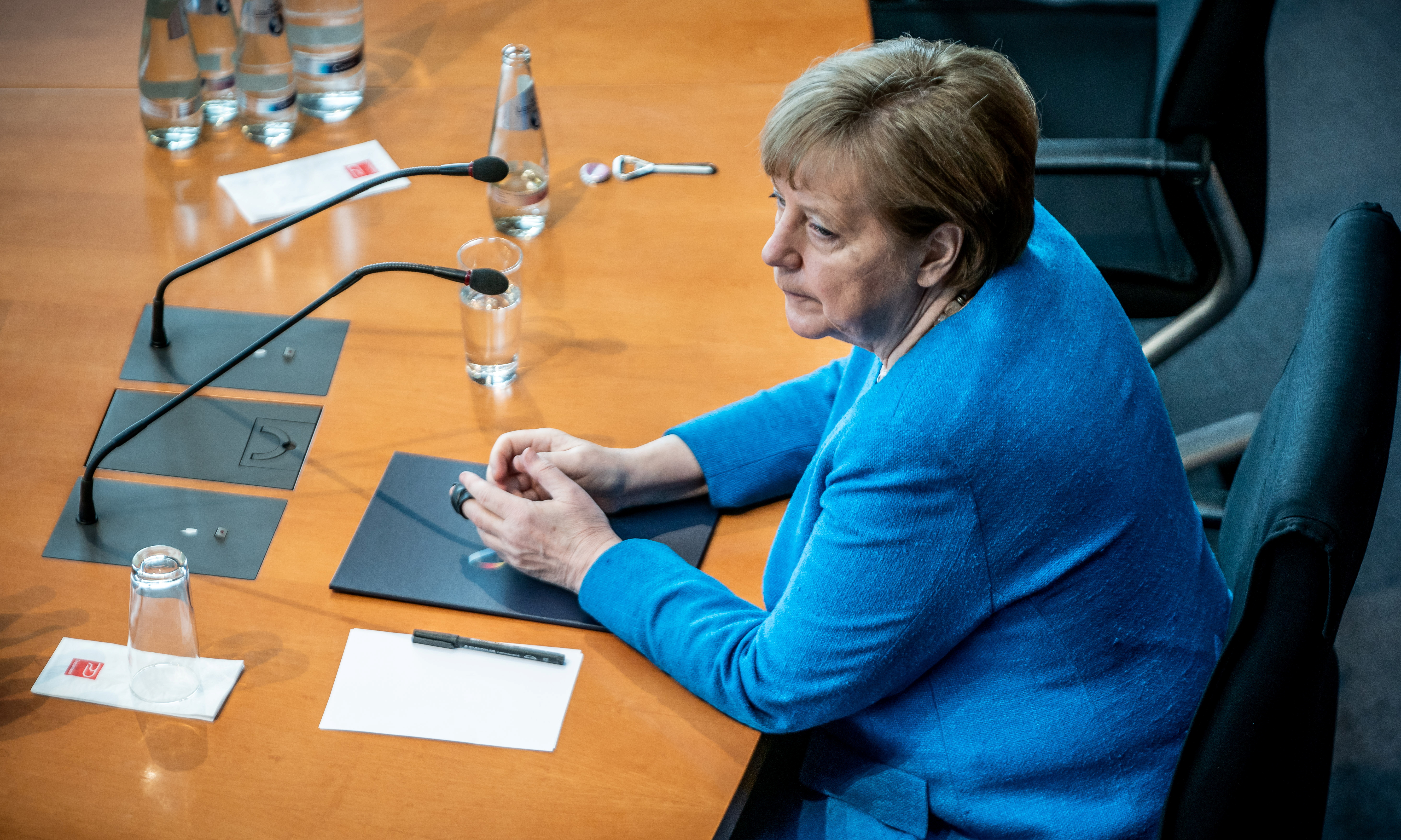 German Chancellor Angela Merkel arrives to testify before a parliament committee investigating Wirecard, in Berlin, Germany April 23, 2021. Michael Kappeler/ Pool via REUTERS