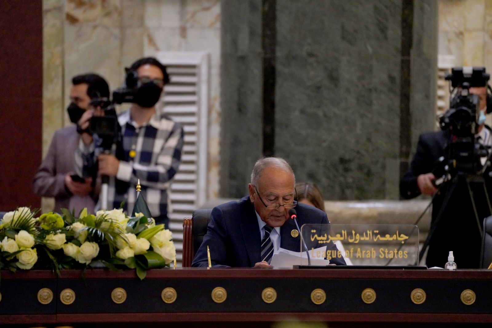 Arab League Secretary General Ahmed Aboul Gheit speaks during the Baghdad summit in Baghdad