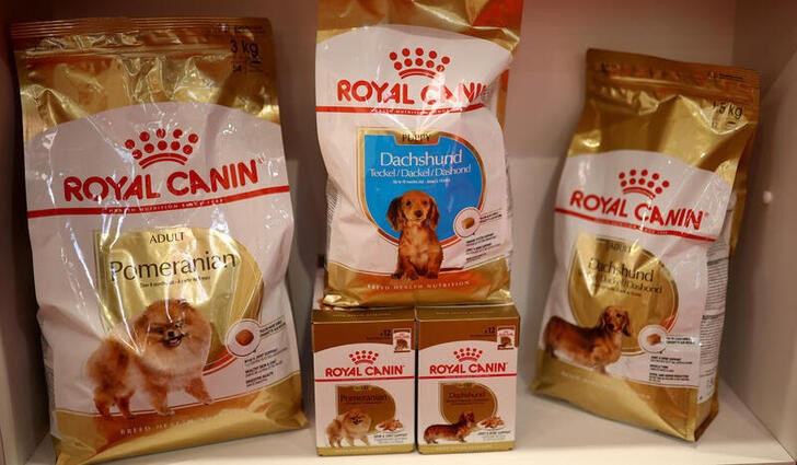Bags of Royal Canin dog food are seen for sale in a trade stand on the thirdday of the Crufts dog show in Birmingham