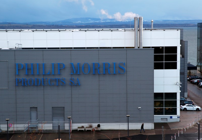 A Philip Morris logo is pictured on a factory in Serrieres near Neuchatel, Switzerland December 8, 2017/File Photo